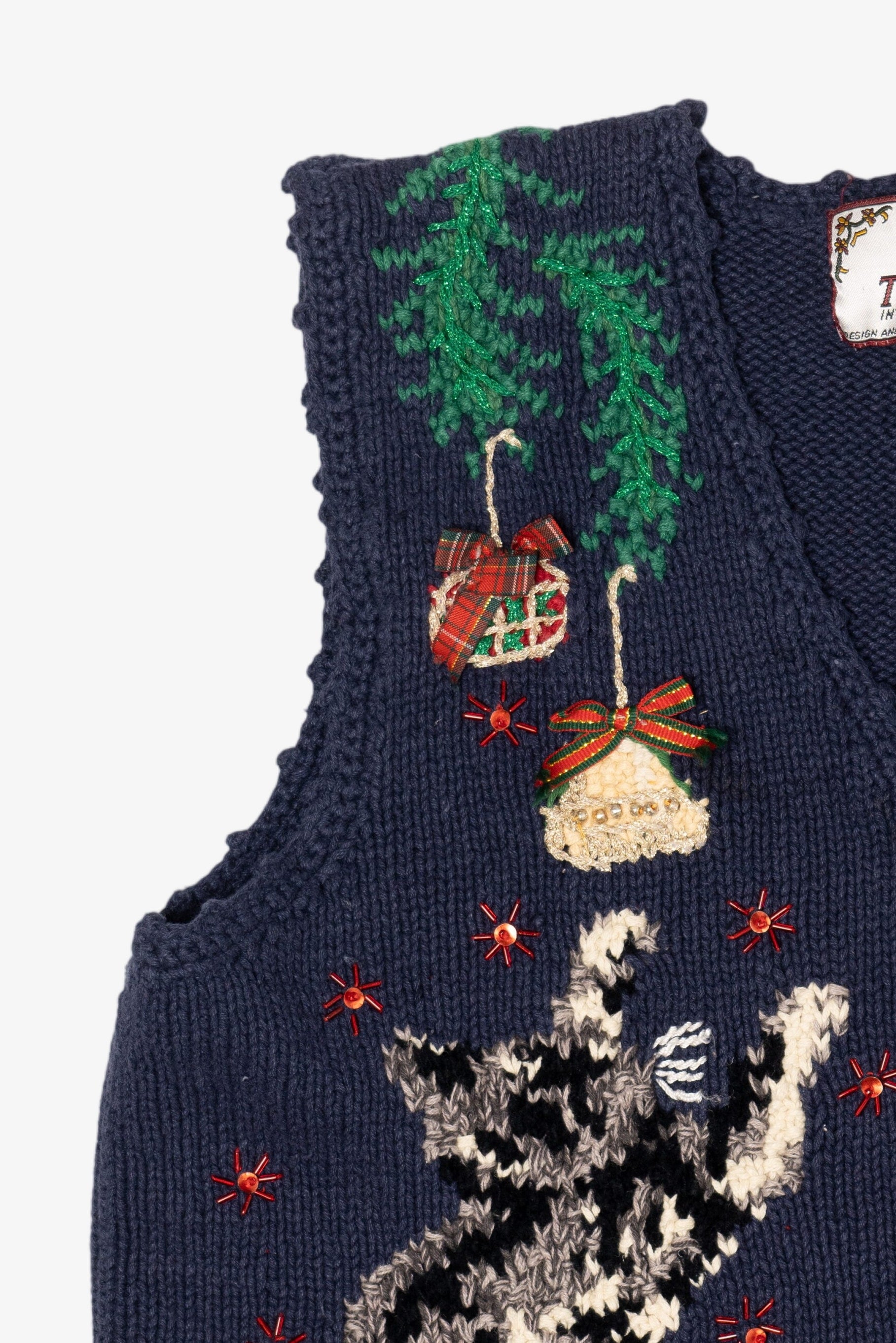 Vintage Navy Blue Tiara International Cat Under Tree Ugly Christmas Vest (1990s)