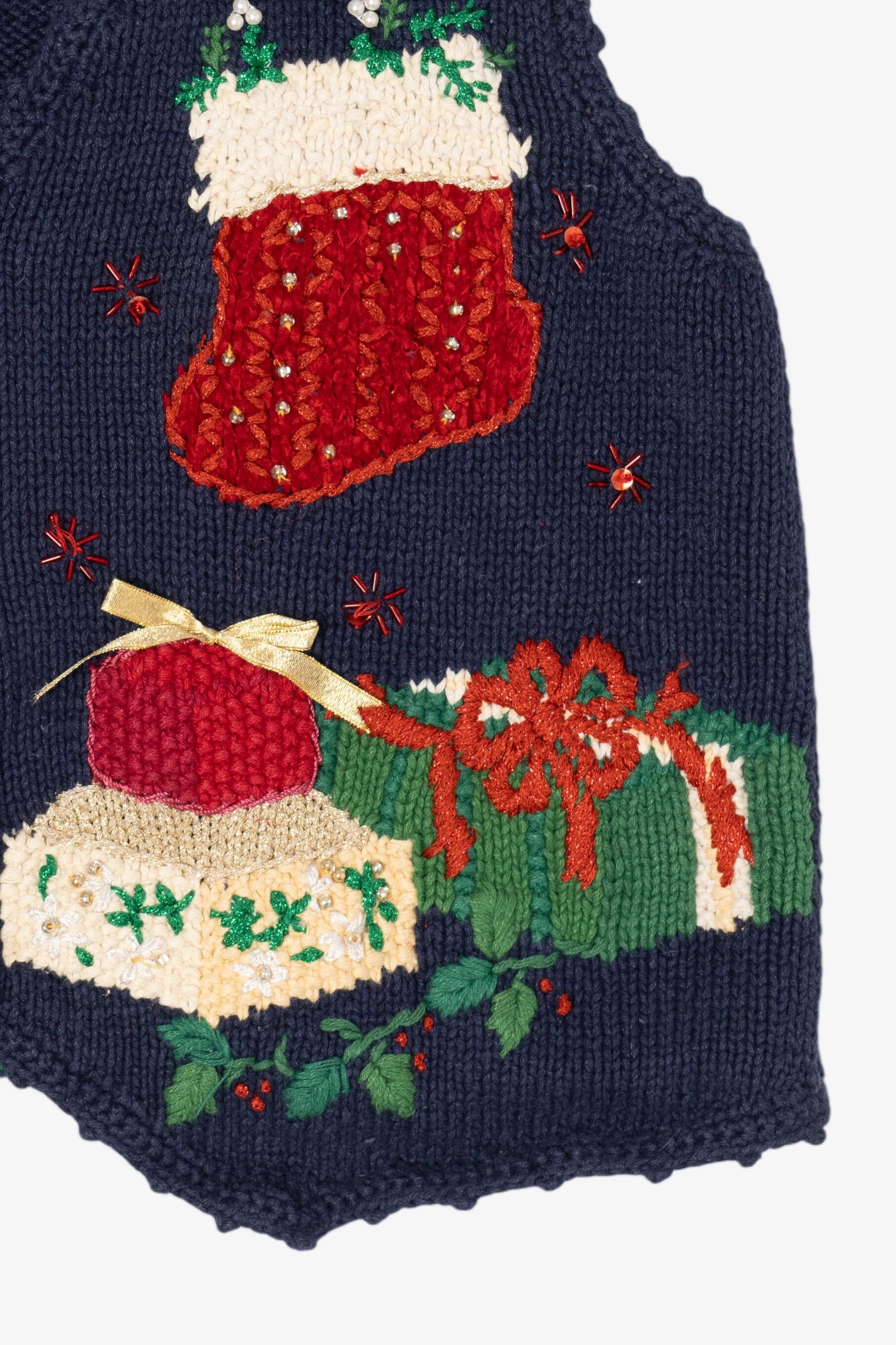 Vintage Navy Blue Tiara International Cat Under Tree Ugly Christmas Vest (1990s)