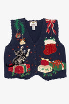 Vintage Navy Blue Tiara International Cat Under Tree Ugly Christmas Vest (1990s)