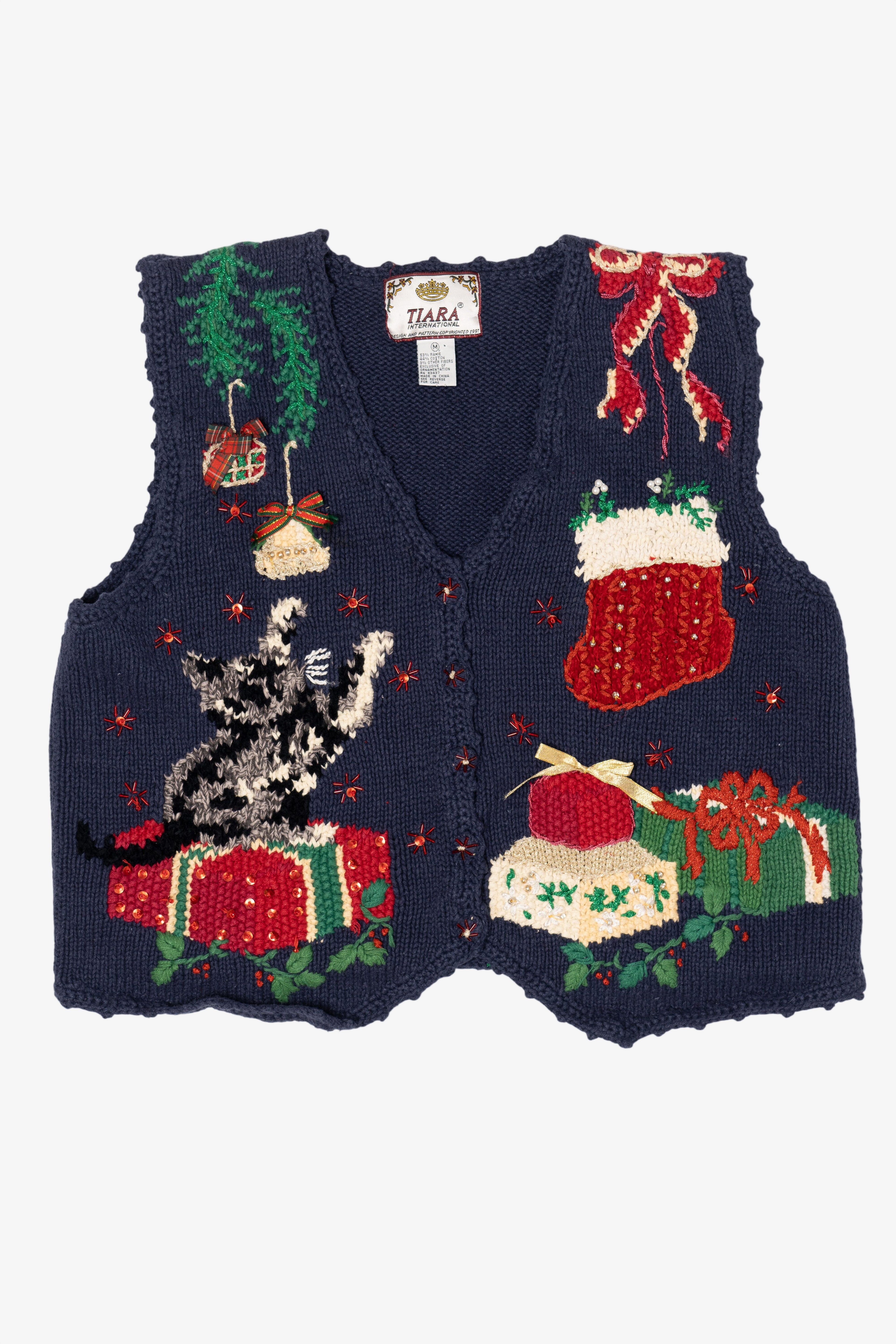 Vintage Navy Blue Tiara International Cat Under Tree Ugly Christmas Vest (1990s)