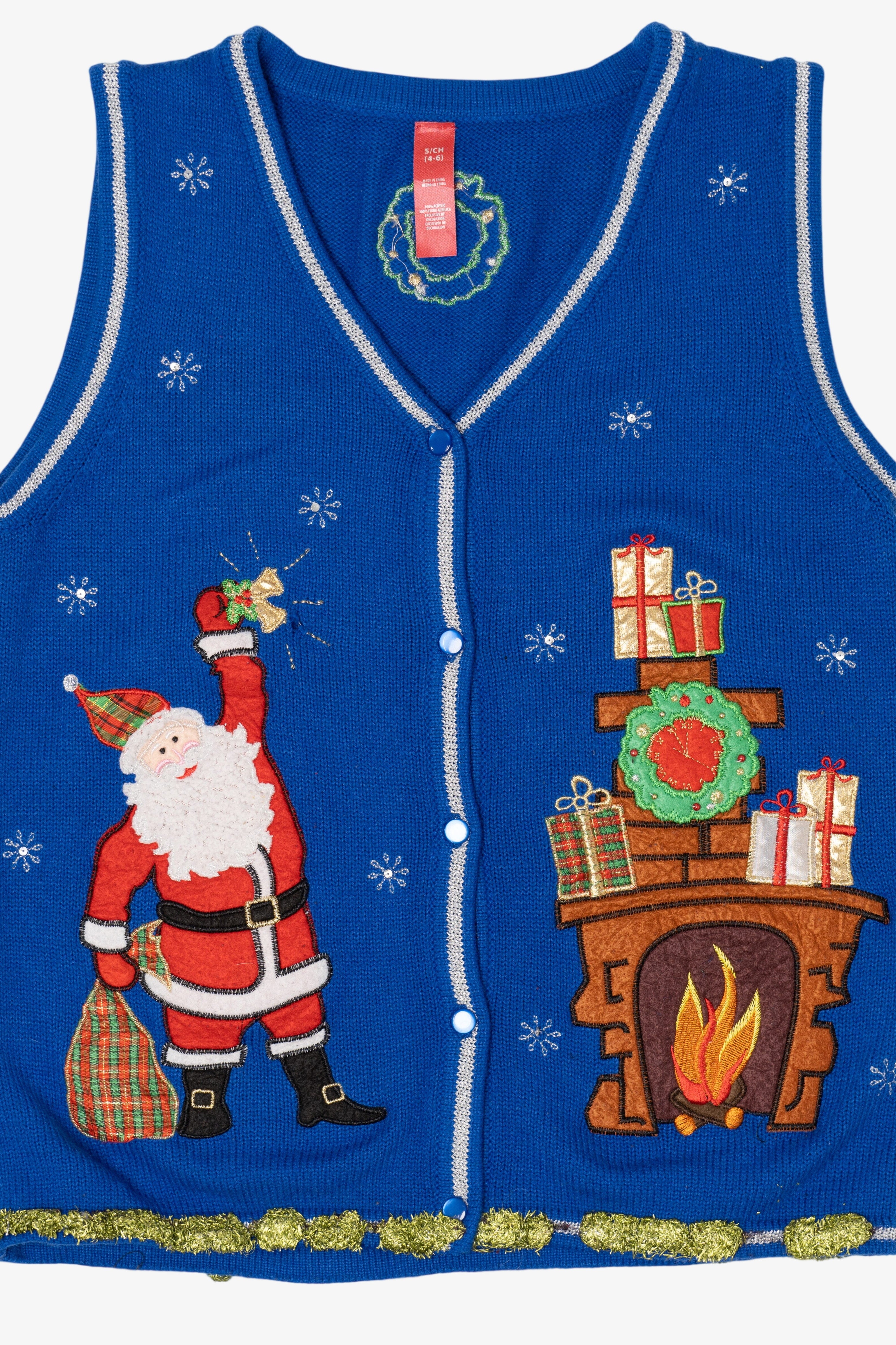 Vintage Blue Santa Fireplace Ugly Christmas Vest (2000s)
