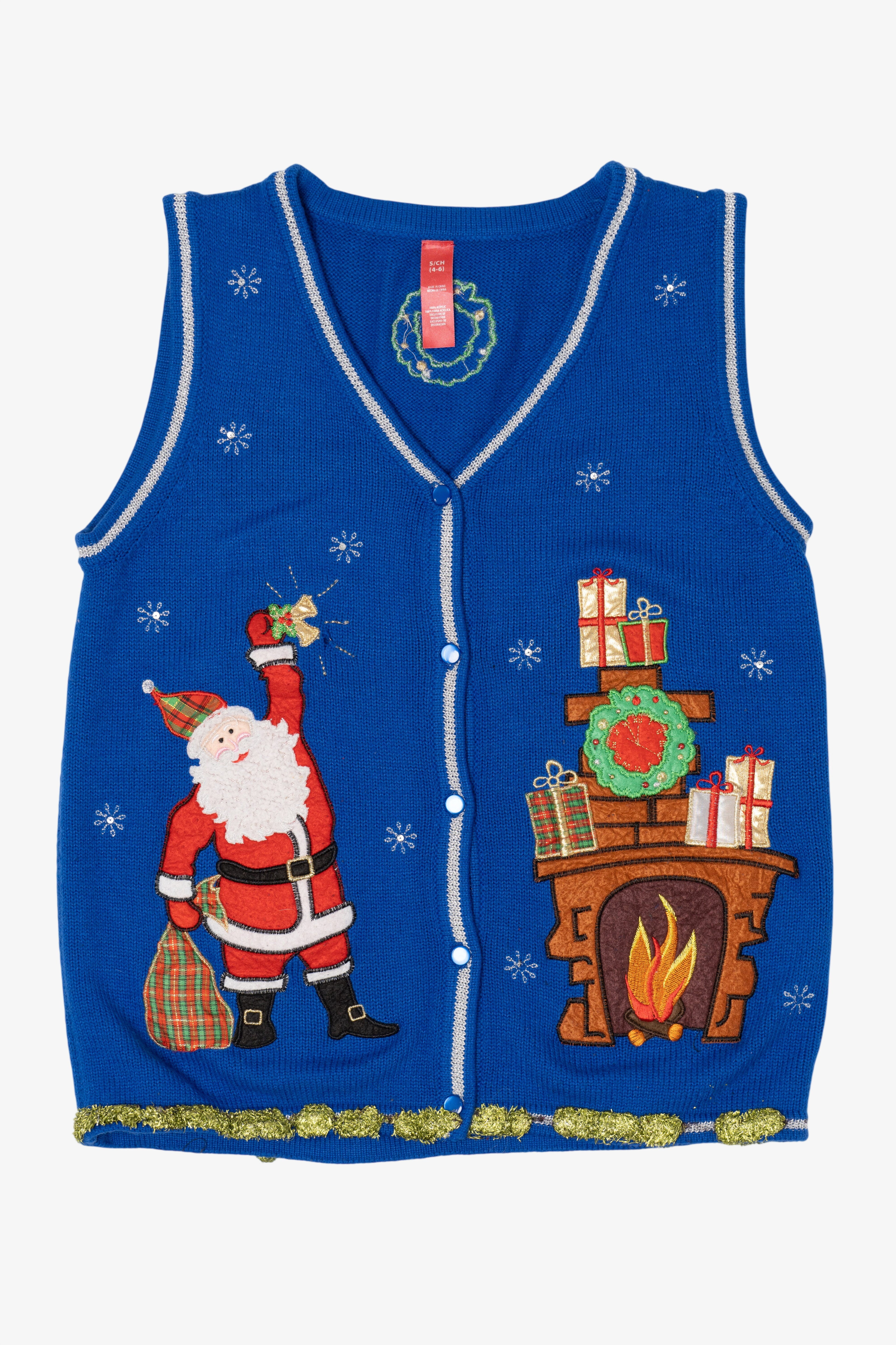 Vintage Blue Santa Fireplace Ugly Christmas Vest (2000s)