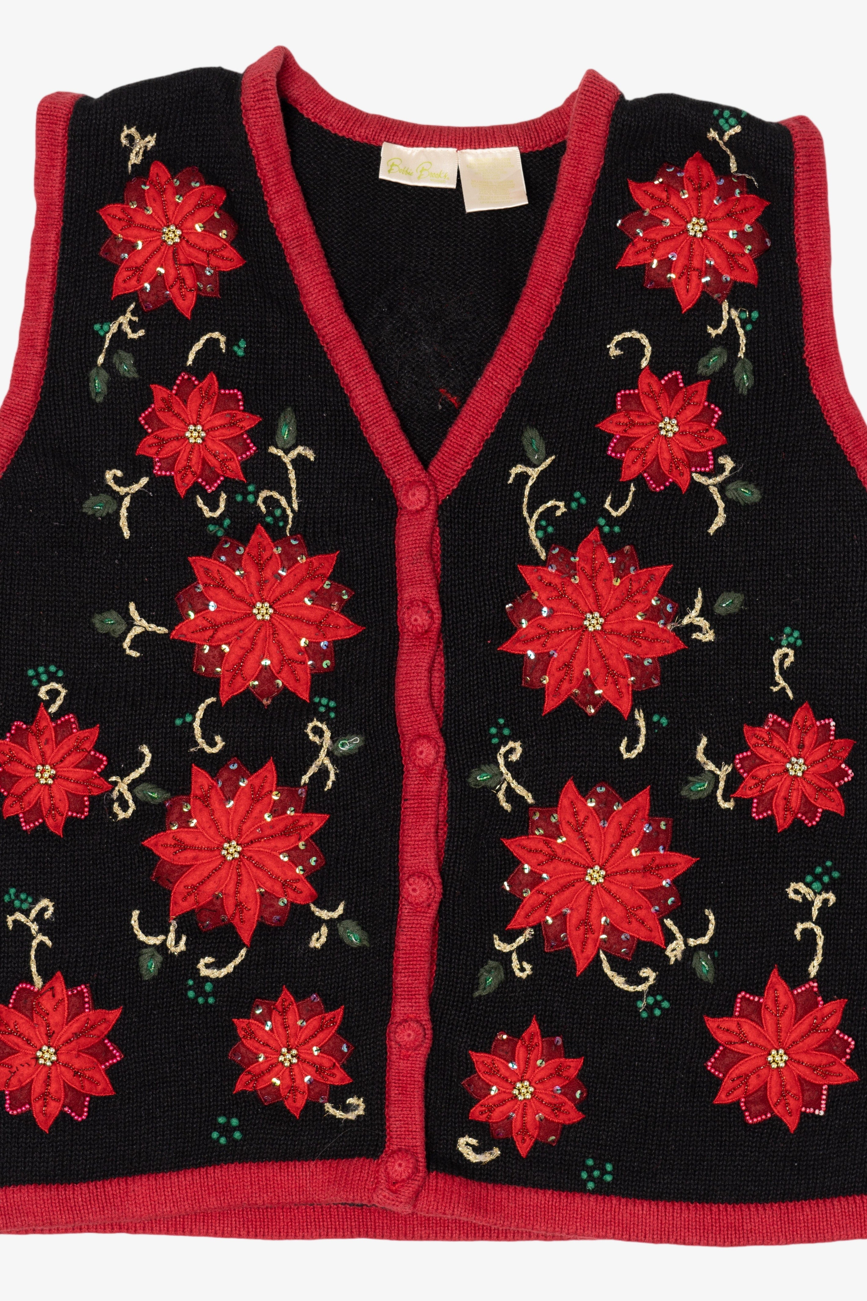 Vintage Black Bobbie Brooks Poinsettias Ugly Christmas Vest (1990s)
