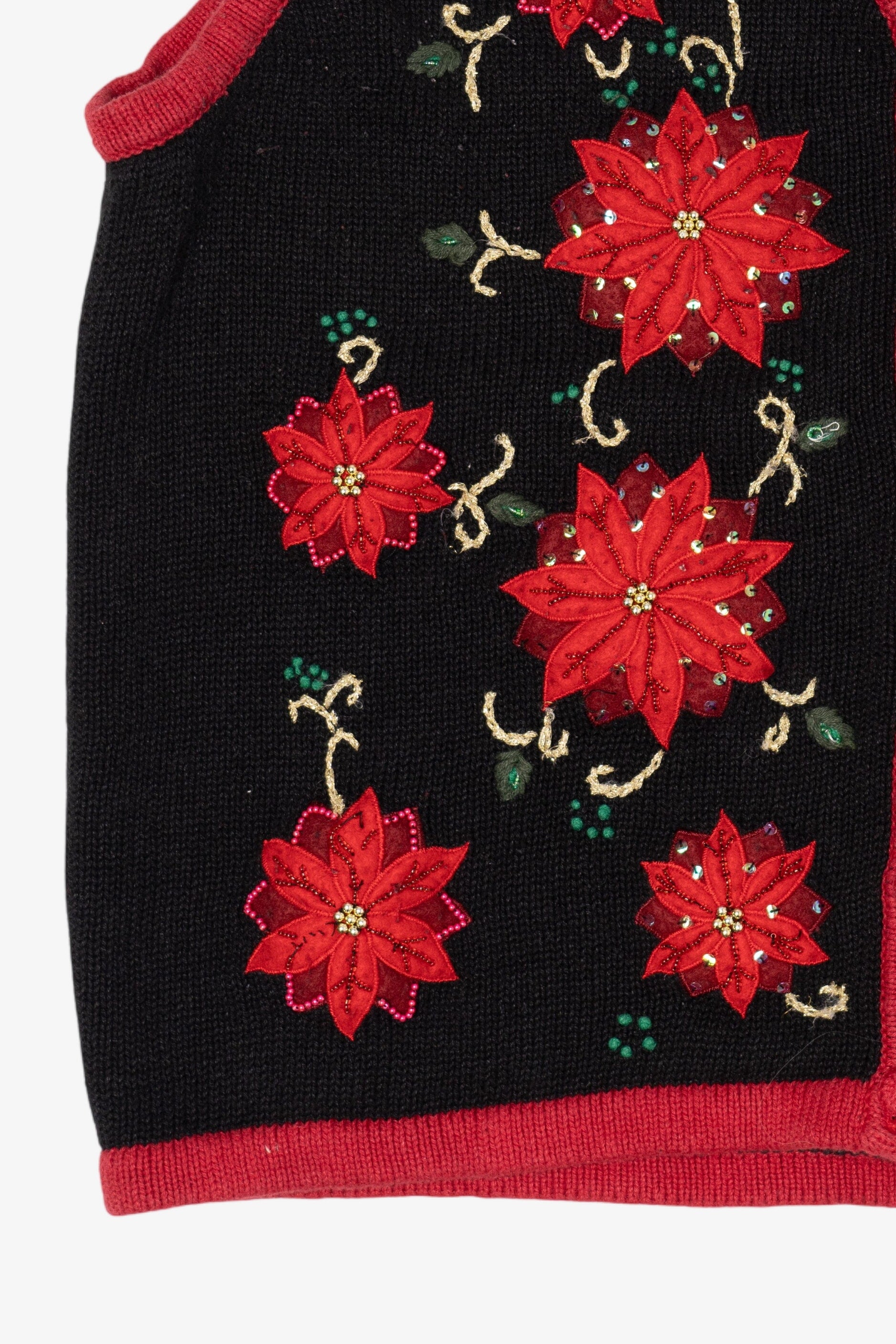 Vintage Black Bobbie Brooks Poinsettias Ugly Christmas Vest (1990s)
