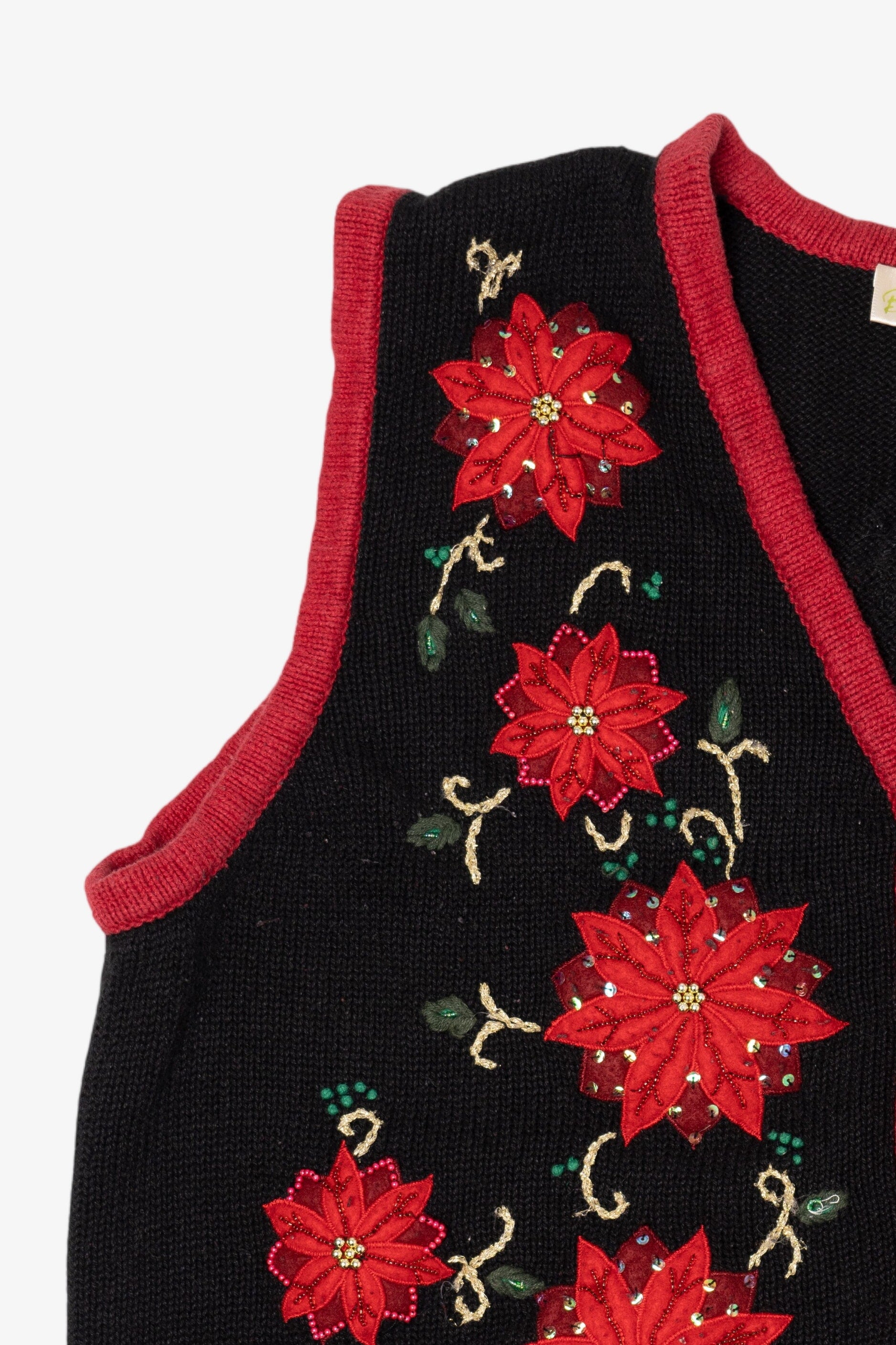 Vintage Black Bobbie Brooks Poinsettias Ugly Christmas Vest (1990s)