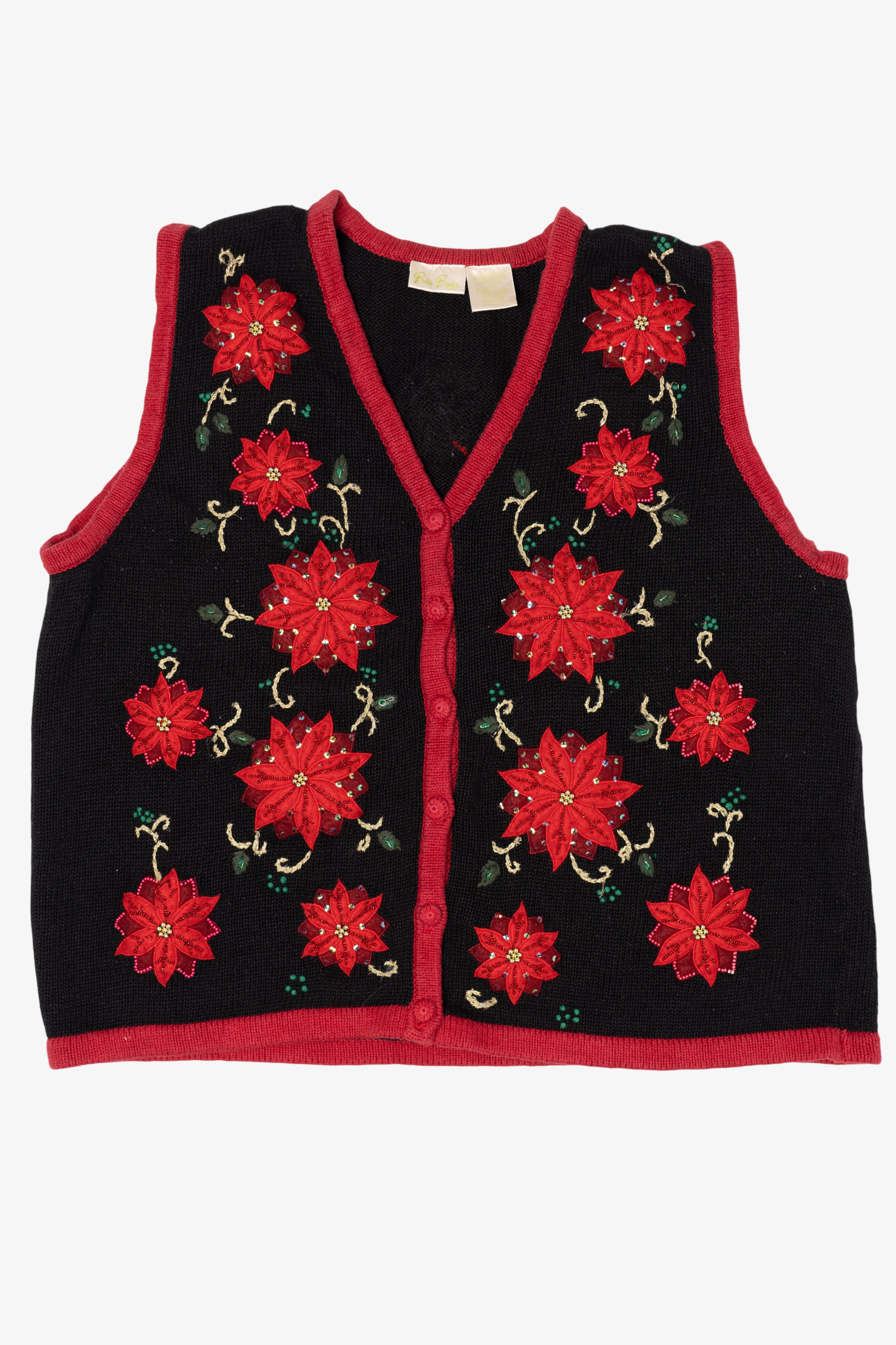 Vintage Black Bobbie Brooks Poinsettias Ugly Christmas Vest (1990s)