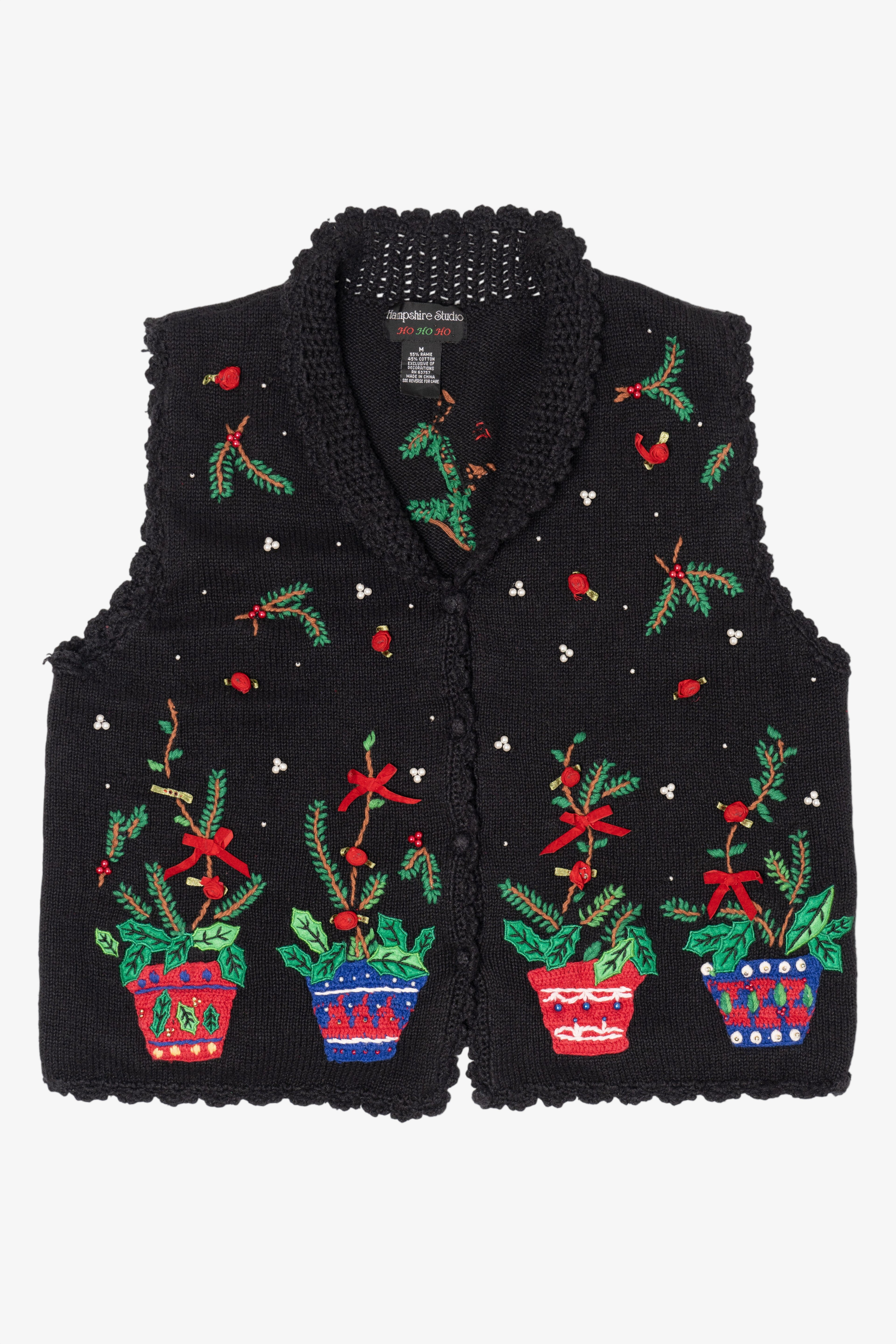 Vintage Black Hampshire Studio Holly Ugly Christmas Vest (1990s)