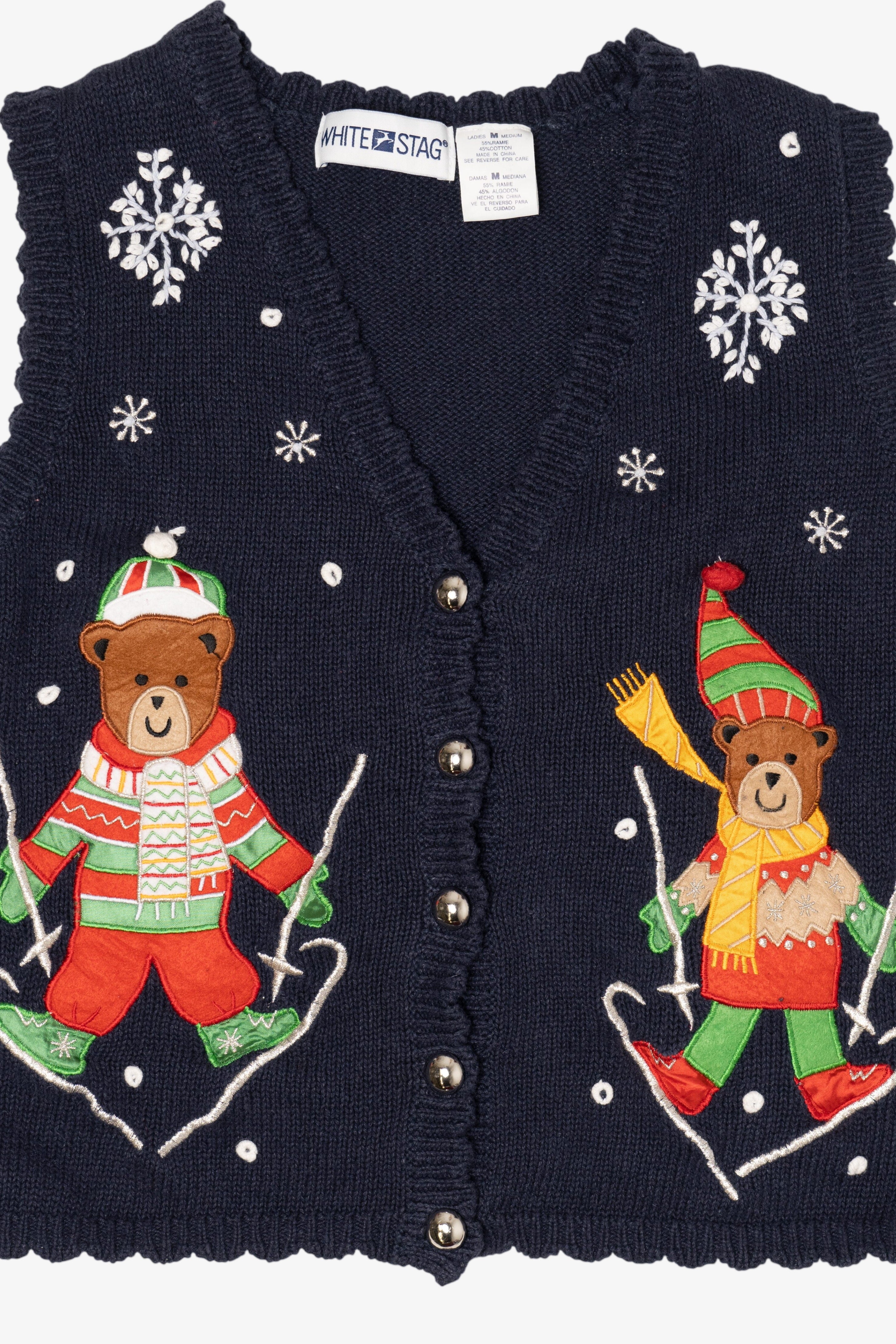 Vintage Navy Blue White Stag Teddy Bears Skiing Ugly Christmas Vest (1990s)