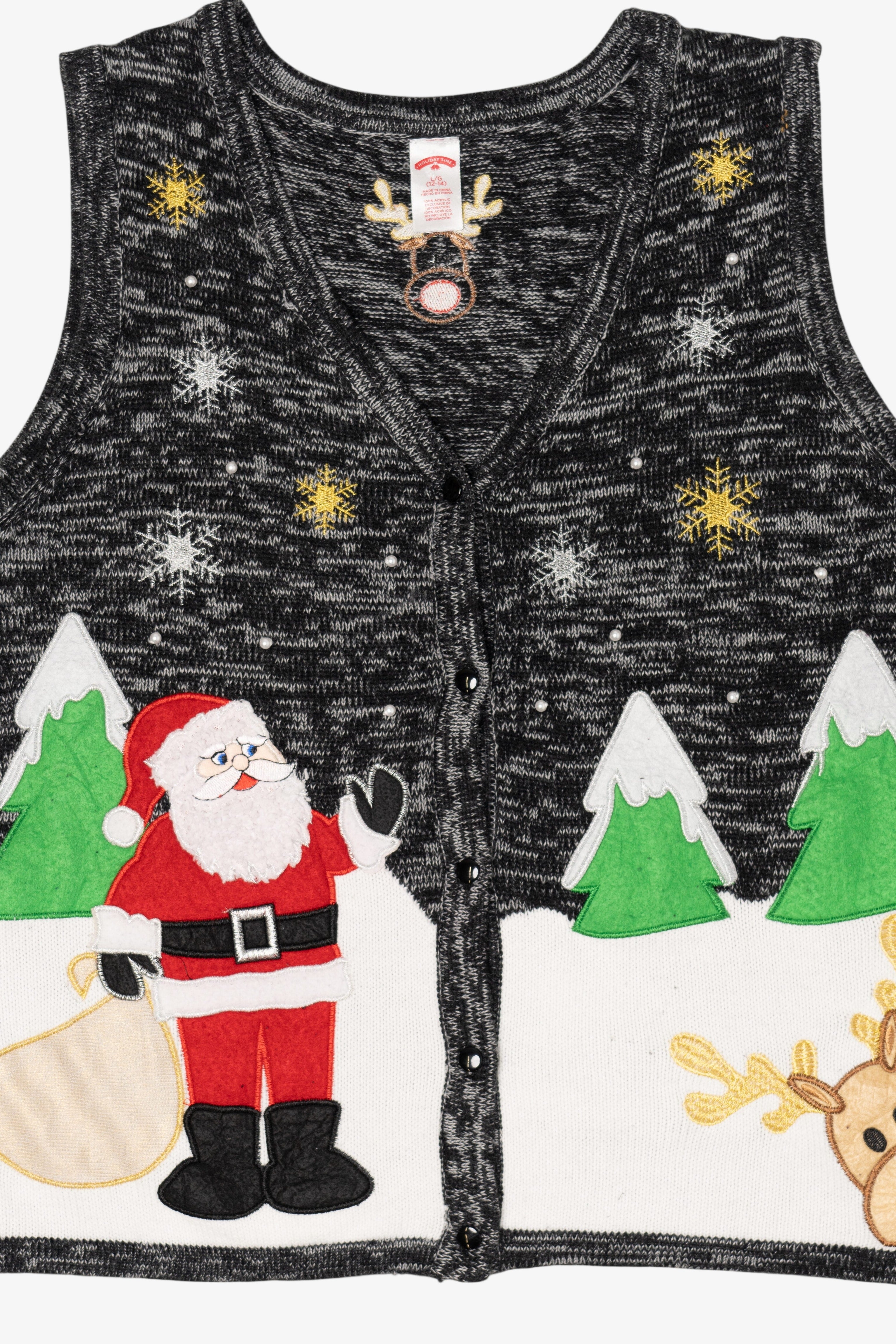 Vintage Dark Gray Holiday Time Reindeer Ugly Christmas Vest (1990s)