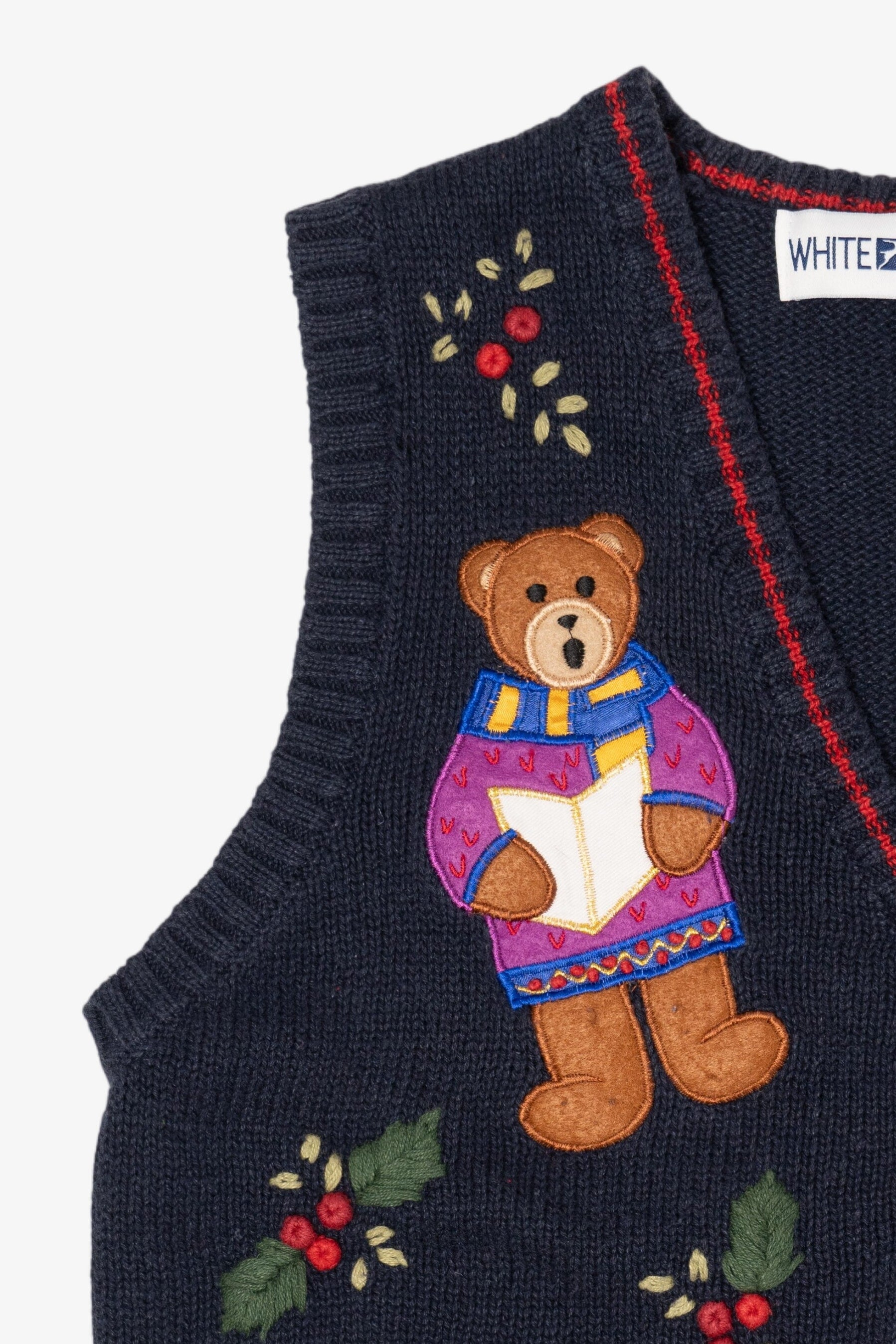 Vintage Navy Blue White Stag Choir Bears Ugly Christmas Vest (1990s)