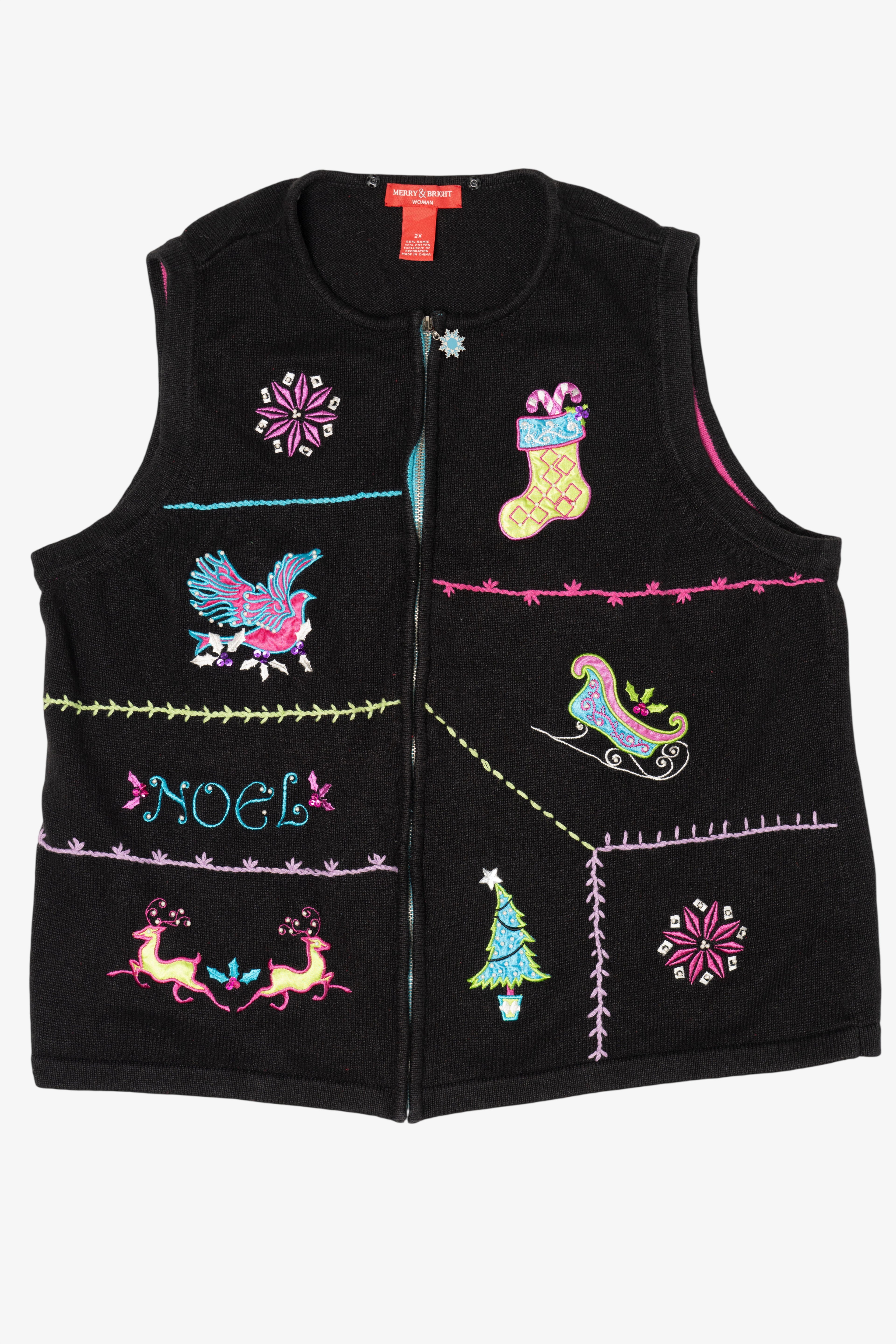 Vintage Black Merry & Bright Ugly Christmas Vest (1990s)