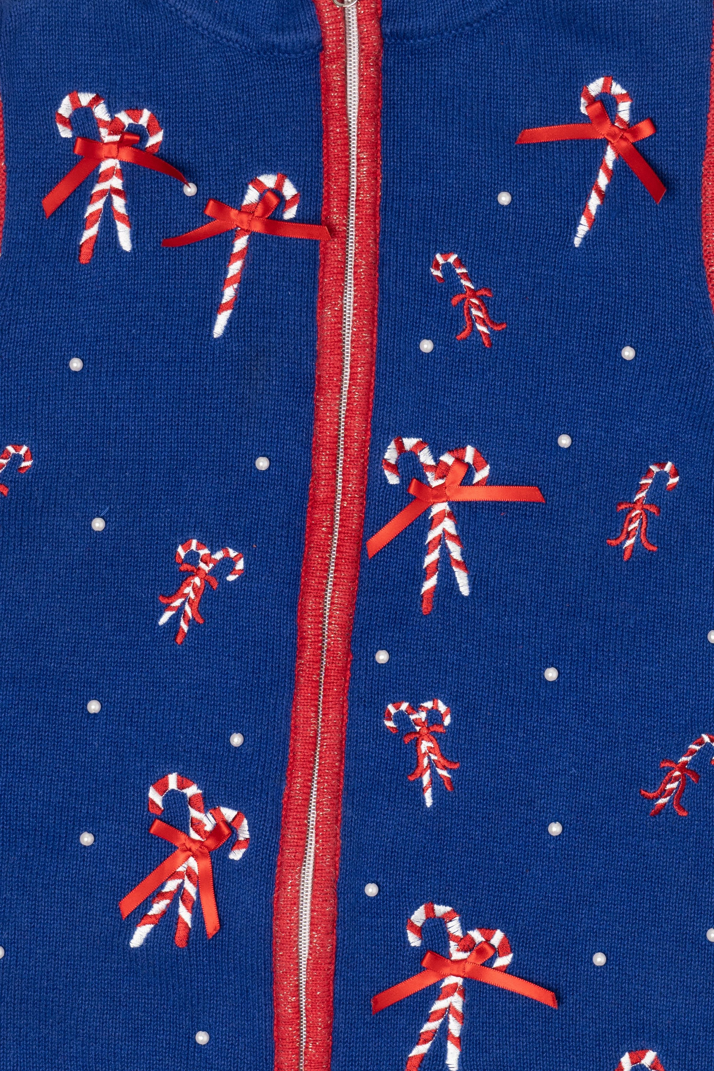 Vintage Blue Nouveaux Candy Canes Ugly Christmas Vest (1990s)