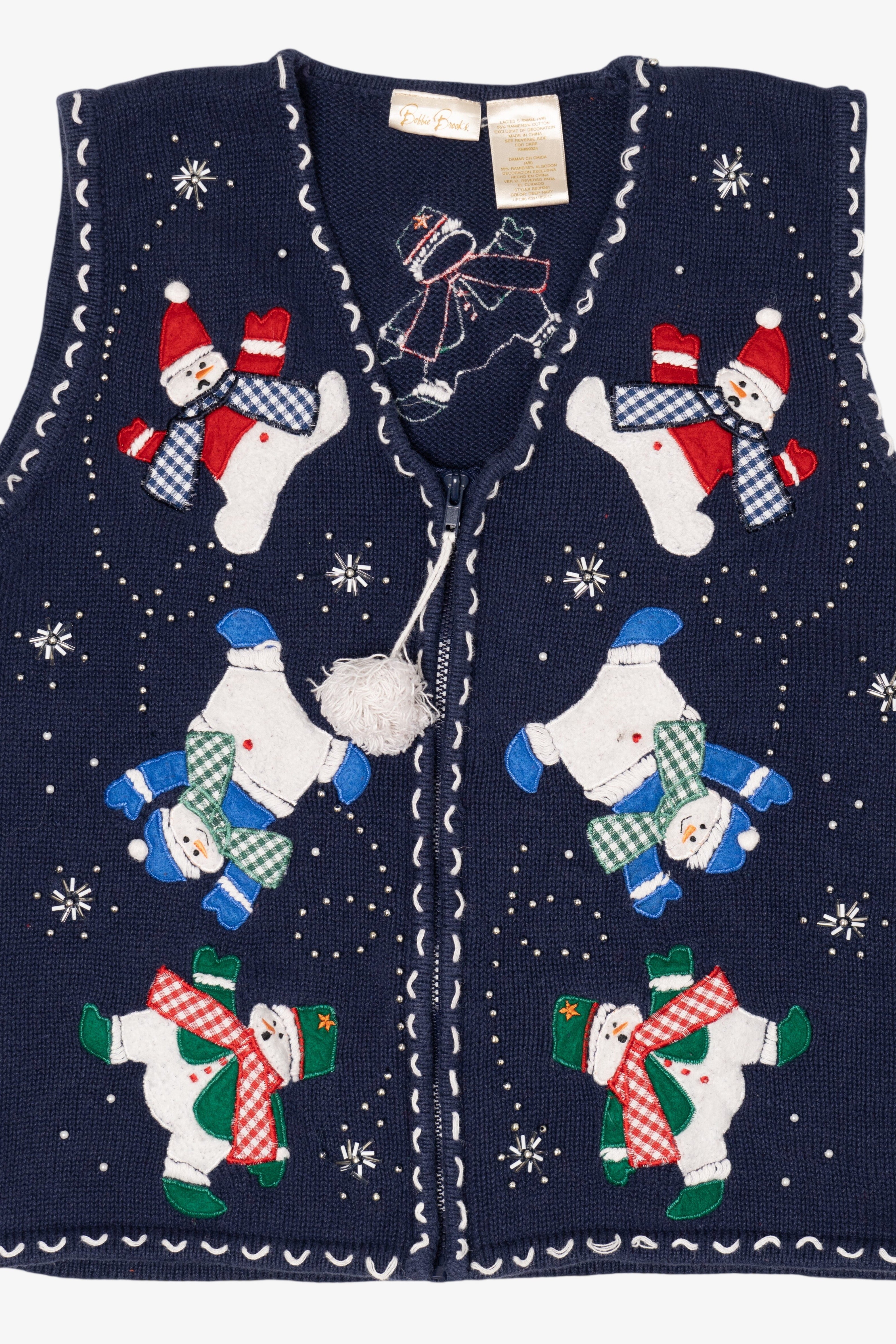Vintage Navy Blue Bobbie Brooks Snowmen Ugly Christmas Vest (1990s)