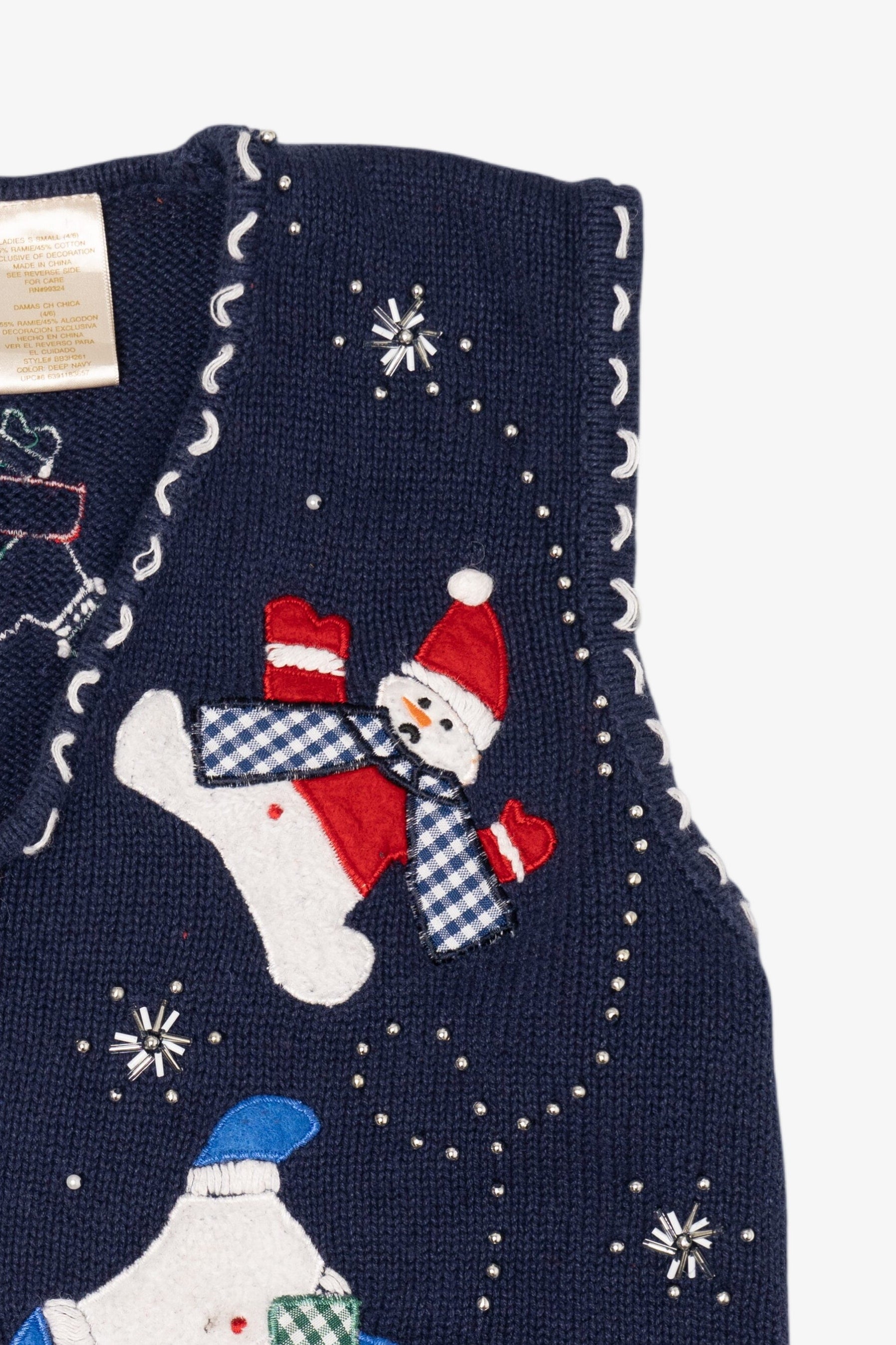 Vintage Navy Blue Bobbie Brooks Snowmen Ugly Christmas Vest (1990s)