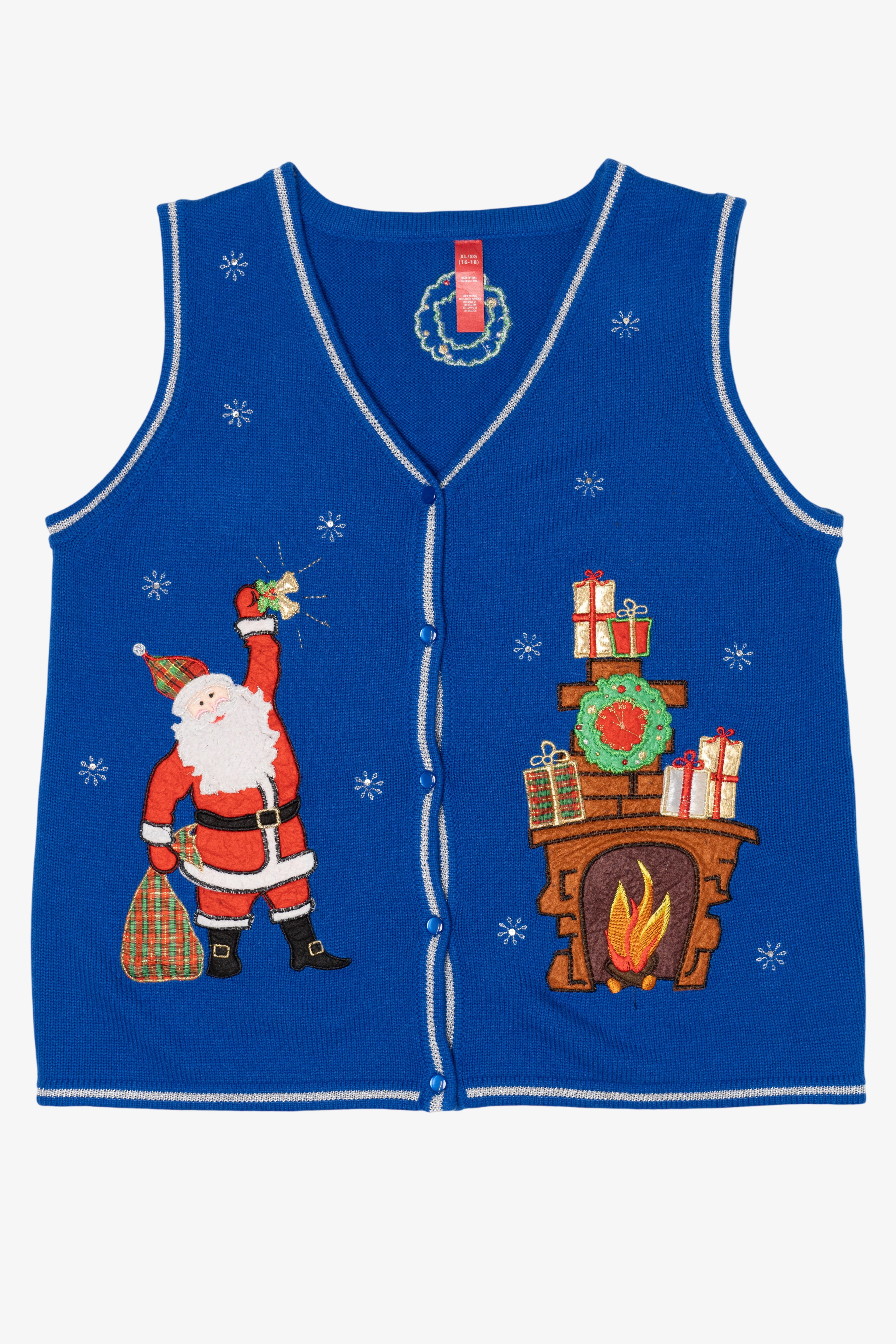 Vintage Blue Santa Fireplace Ugly Christmas Vest (1990s)
