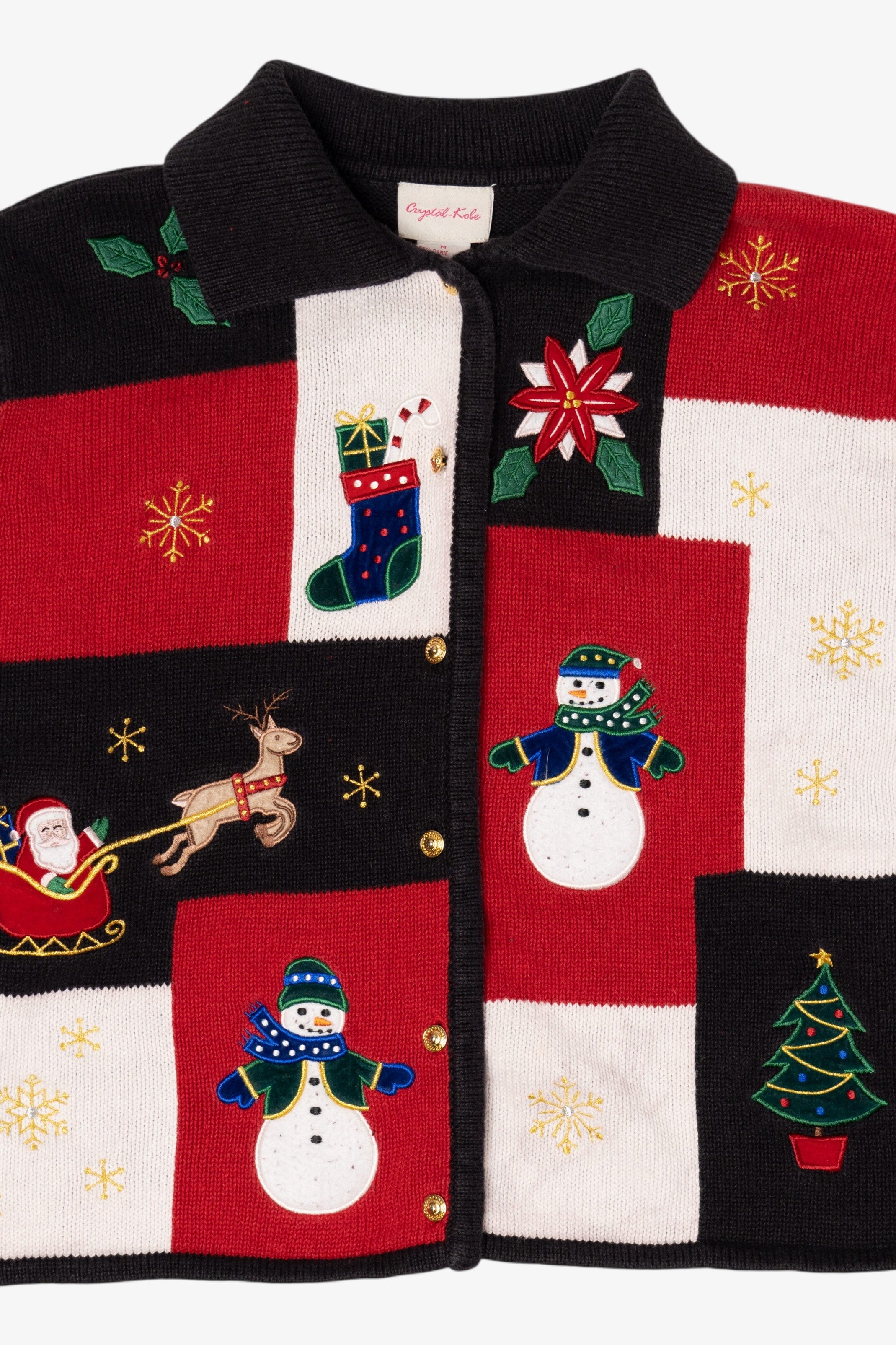 Vintage Black Crystal Kobe Snowmen Christmas Cardigan (1990s)