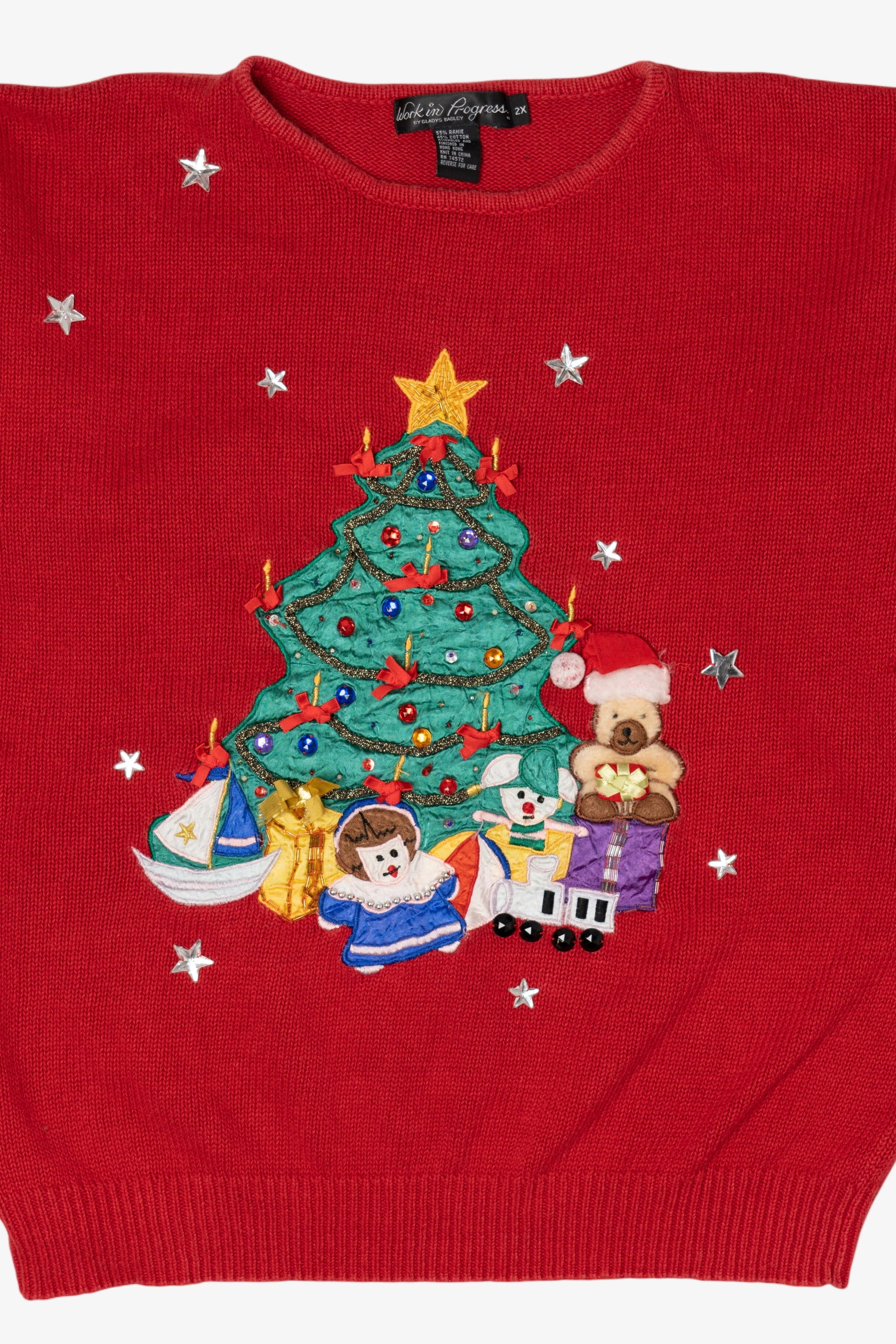 Vintage Red Work in Progress Tree Ugly Christmas Sweater (1990s)