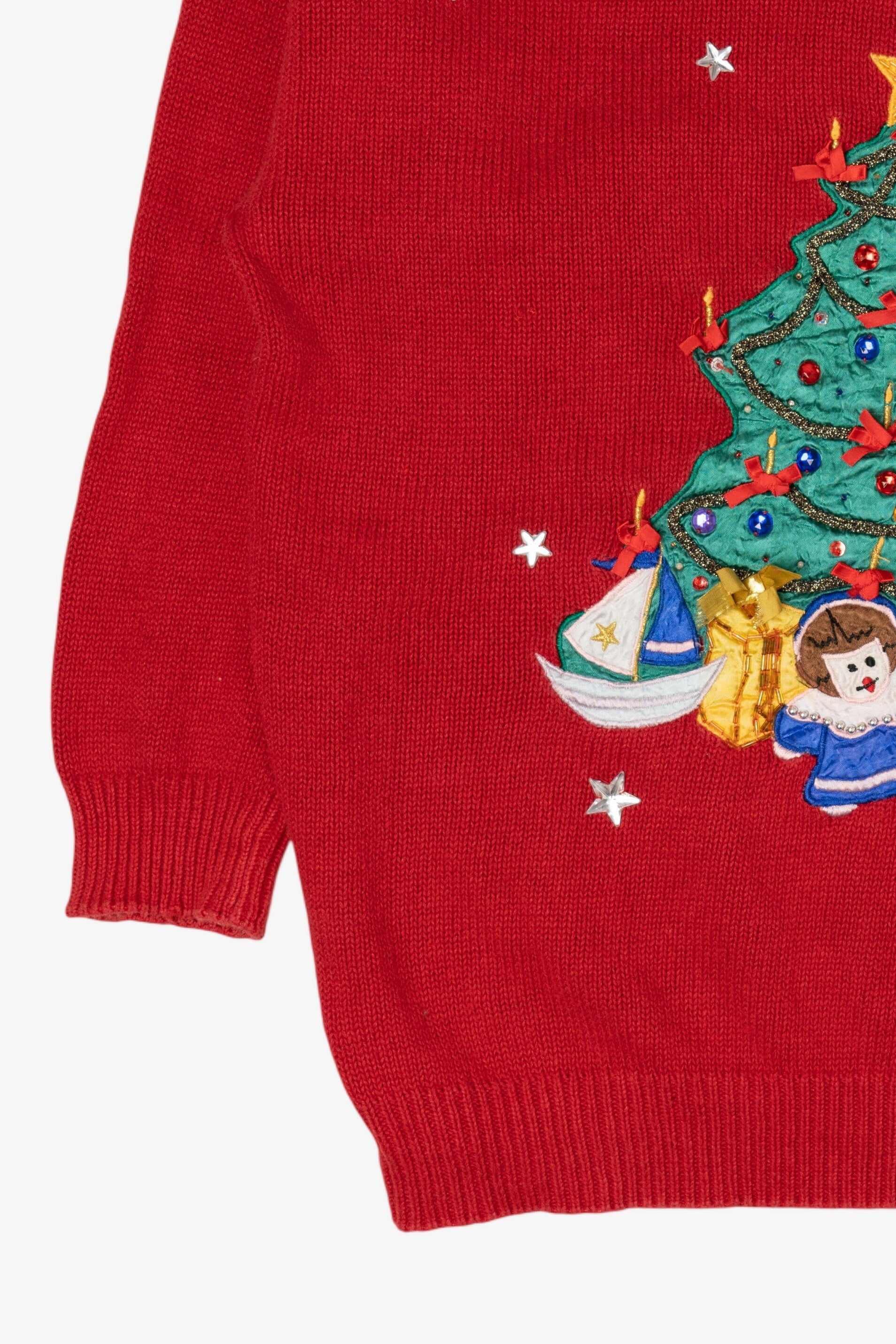 Vintage Red Work in Progress Tree Ugly Christmas Sweater (1990s)