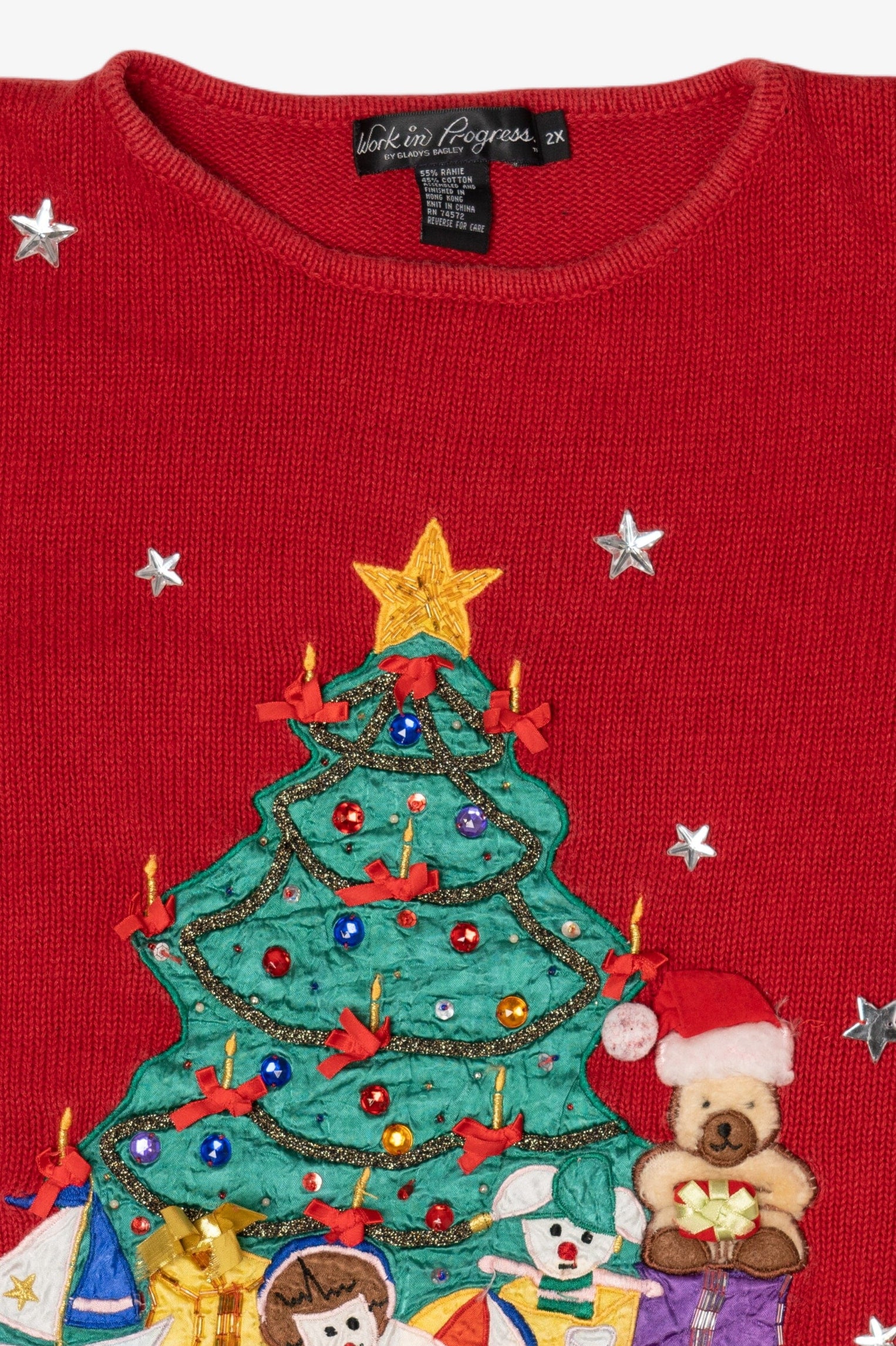 Vintage Red Work in Progress Tree Ugly Christmas Sweater (1990s)