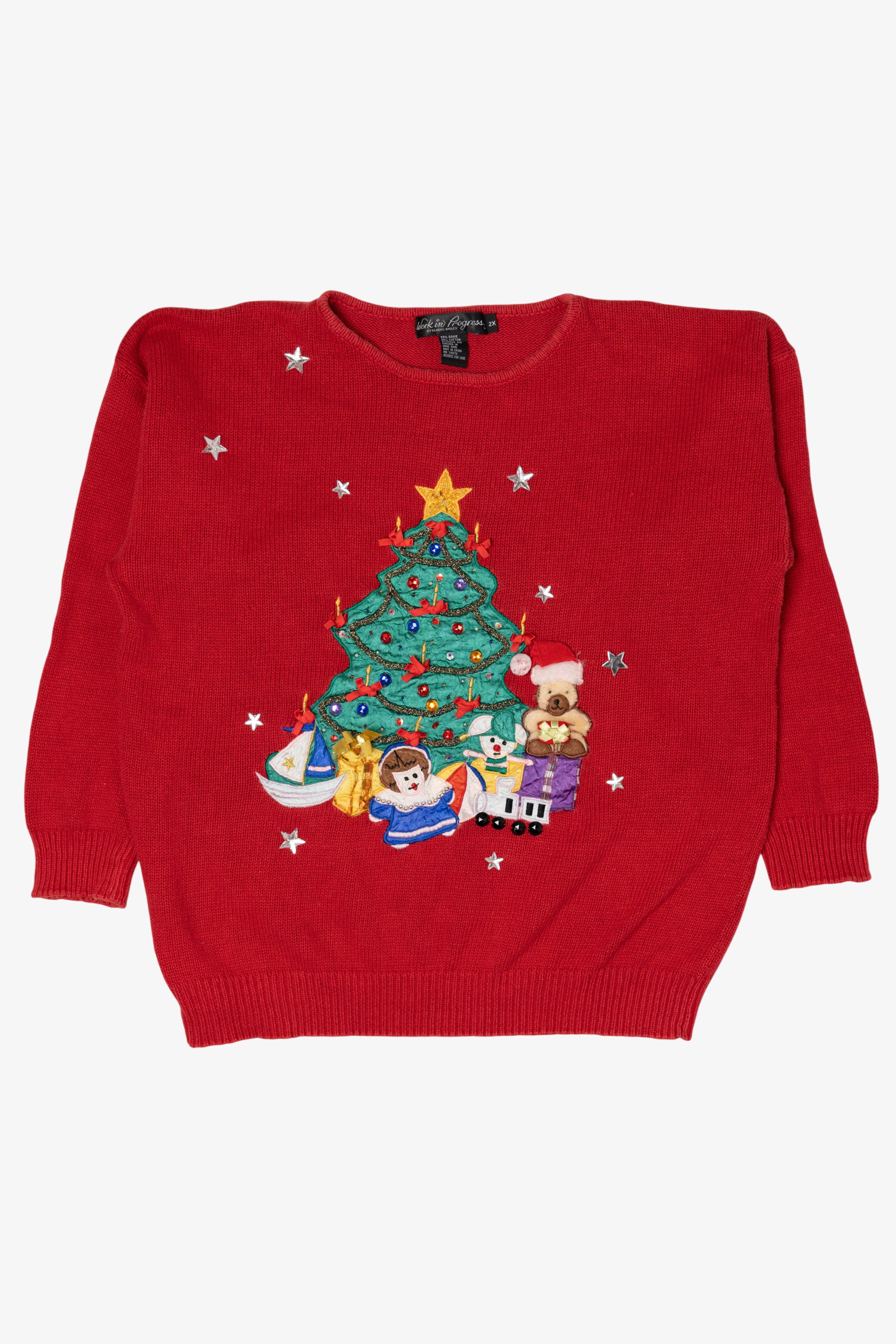 Vintage Red Work in Progress Tree Ugly Christmas Sweater (1990s)