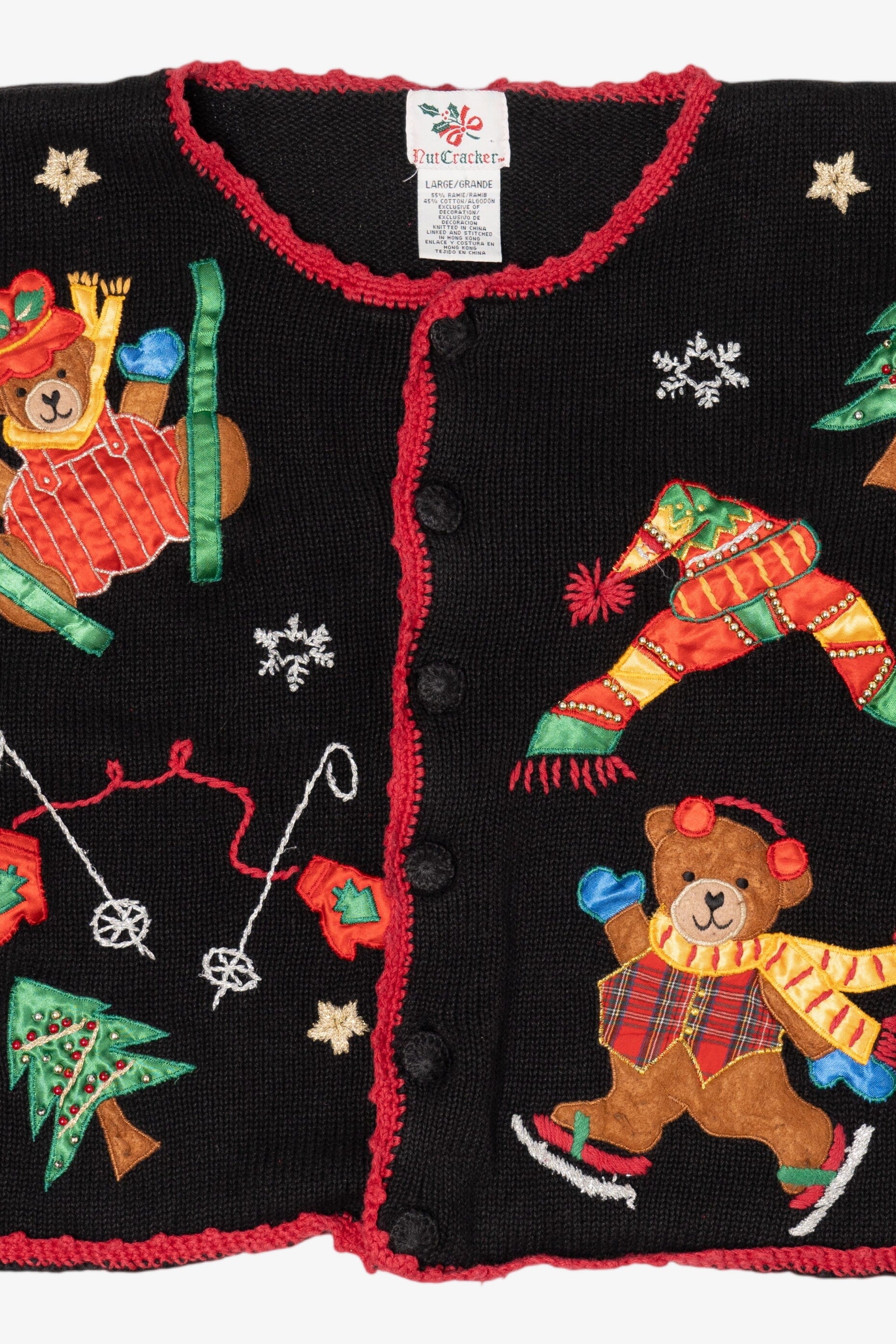 Vintage Black Nutcracker Teddy Bears Christmas Cardigan (1990s)