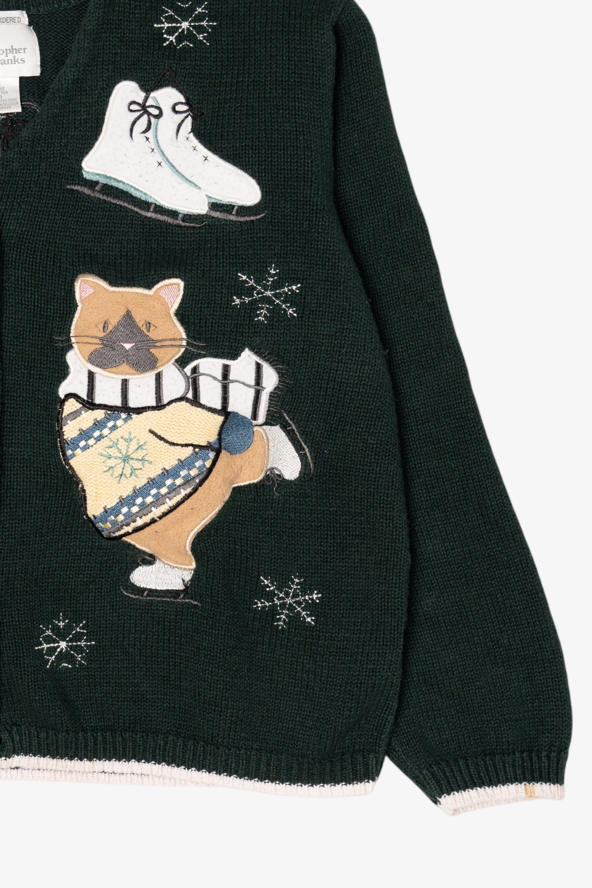 Vintage Green Christopher & Banks Cats Ugly Christmas Cardigan (1990s)