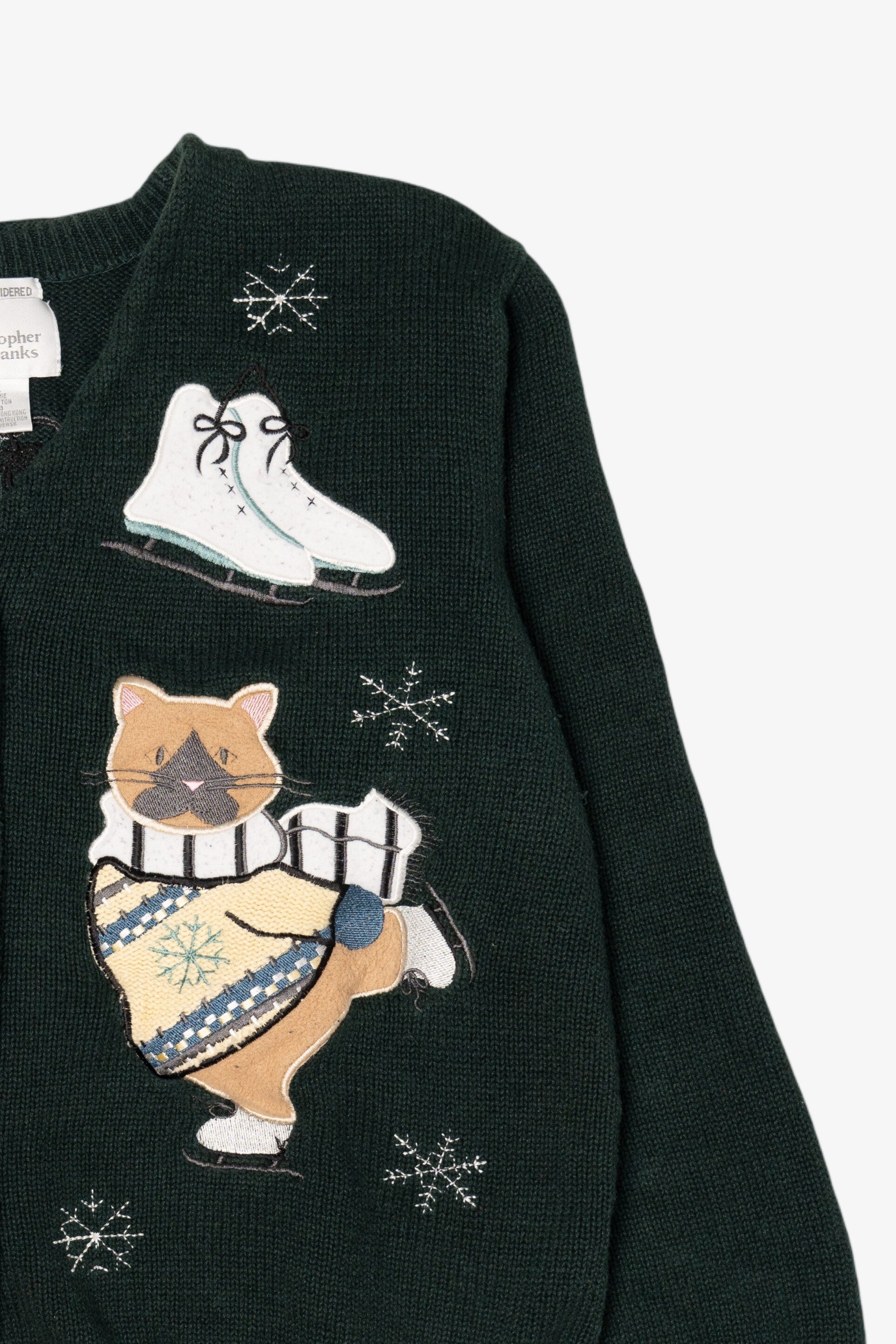 Vintage Green Christopher & Banks Cats Ugly Christmas Cardigan (1990s)