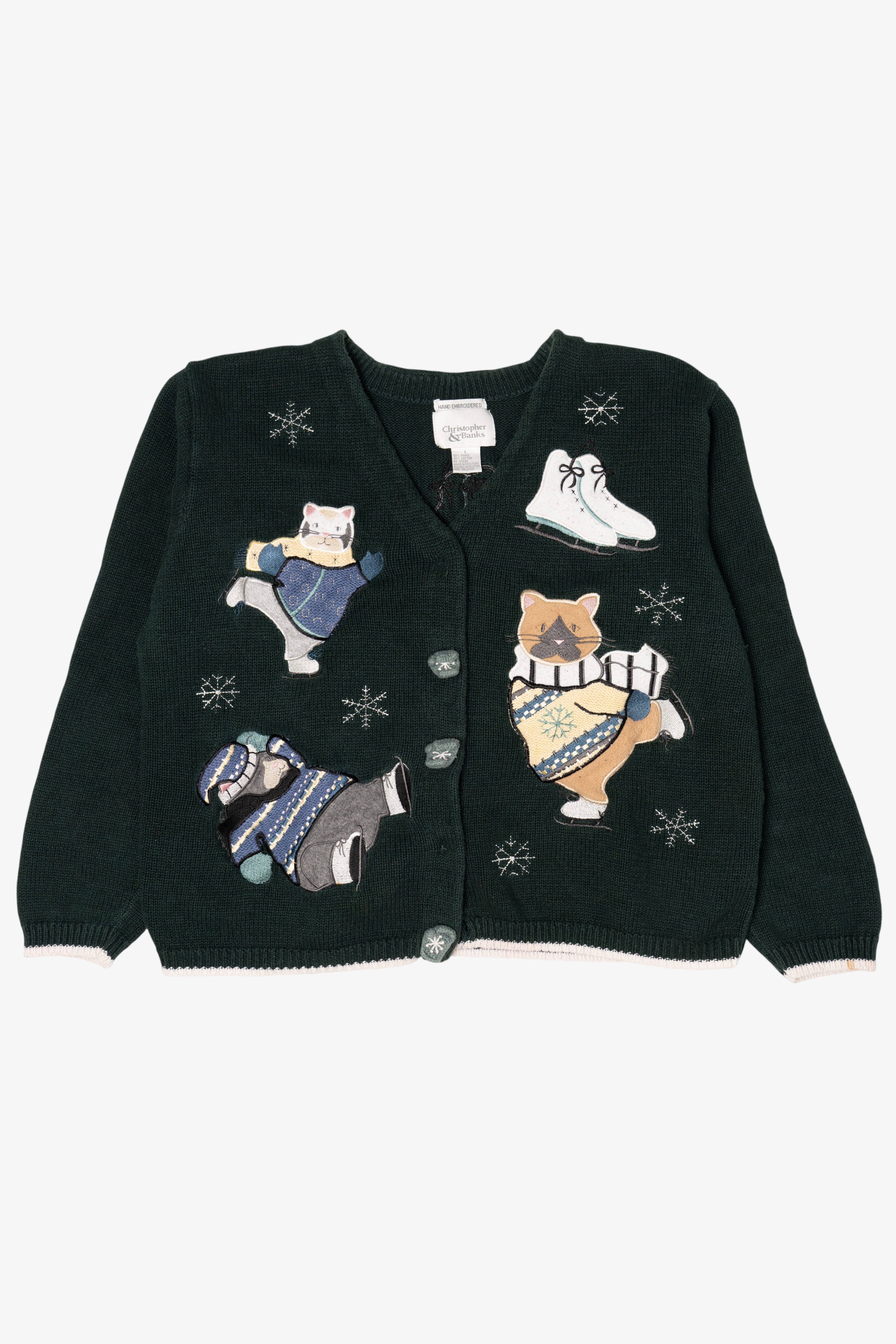 Vintage Green Christopher & Banks Cats Ugly Christmas Cardigan (1990s)