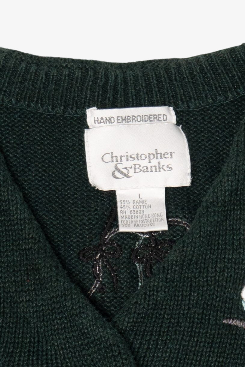 Vintage Green Christopher & Banks Cats Ugly Christmas Cardigan (1990s)