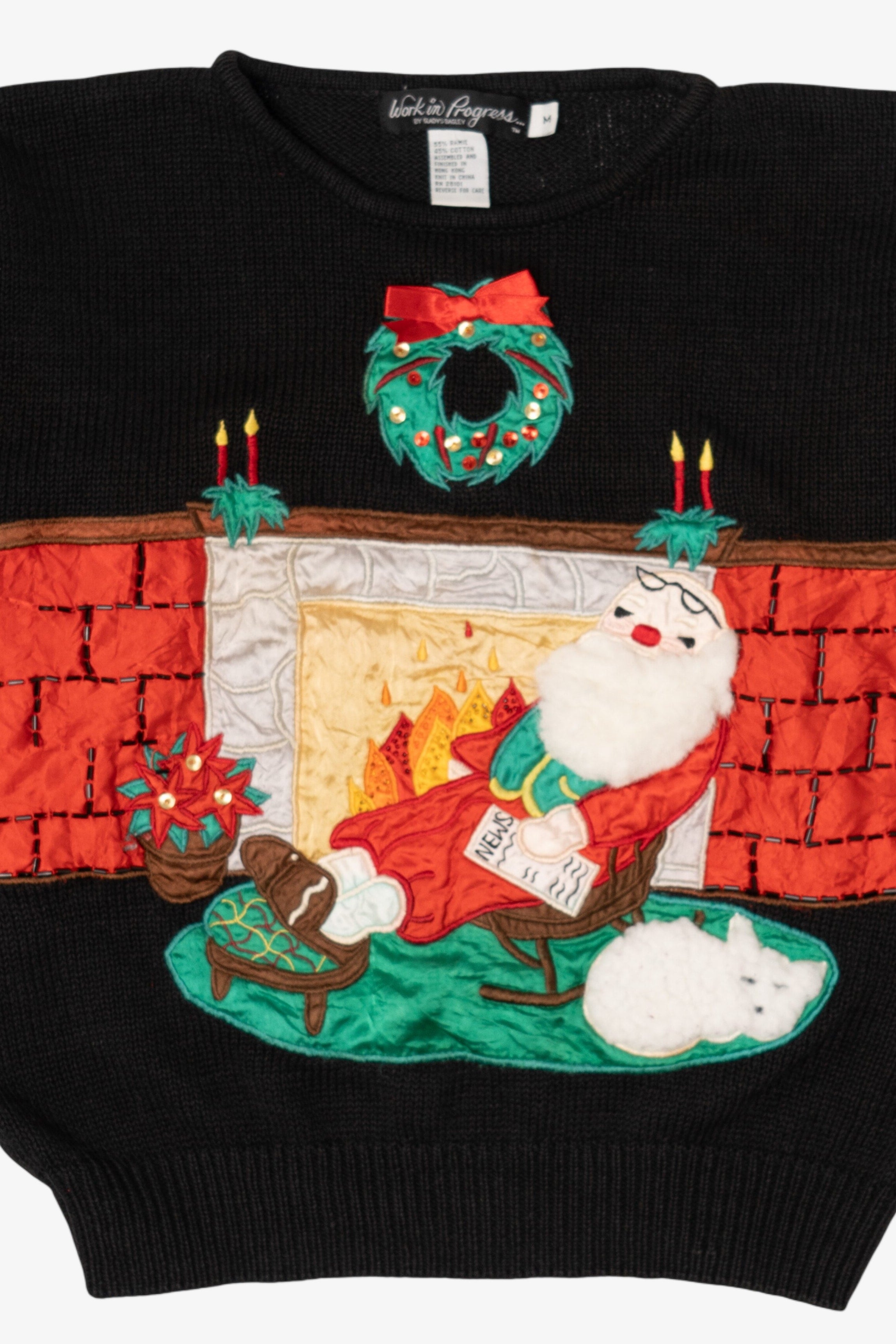 Vintage Black Work in Progress Santa Ugly Christmas Pullover (1990s)