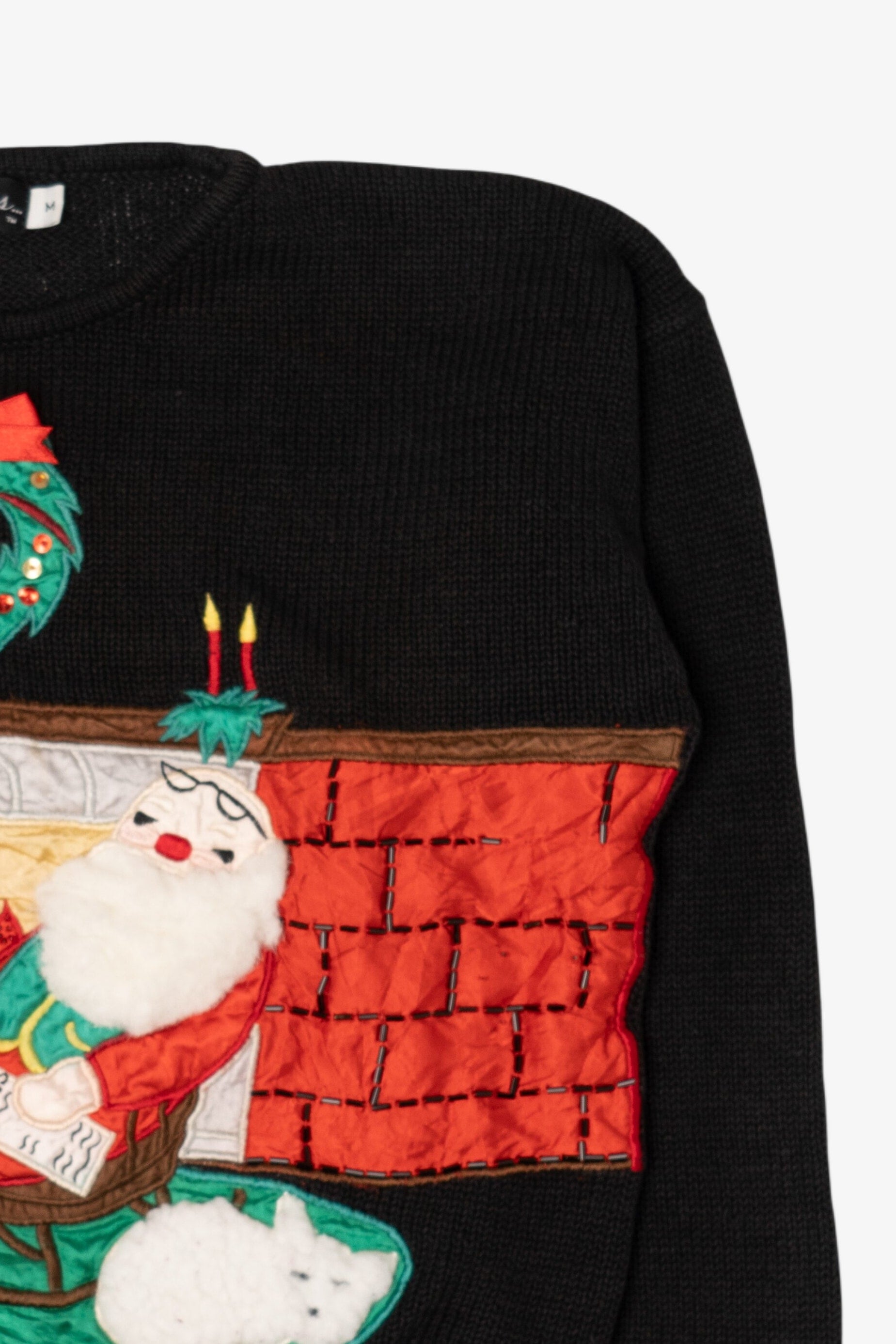 Vintage Black Work in Progress Santa Ugly Christmas Pullover (1990s)