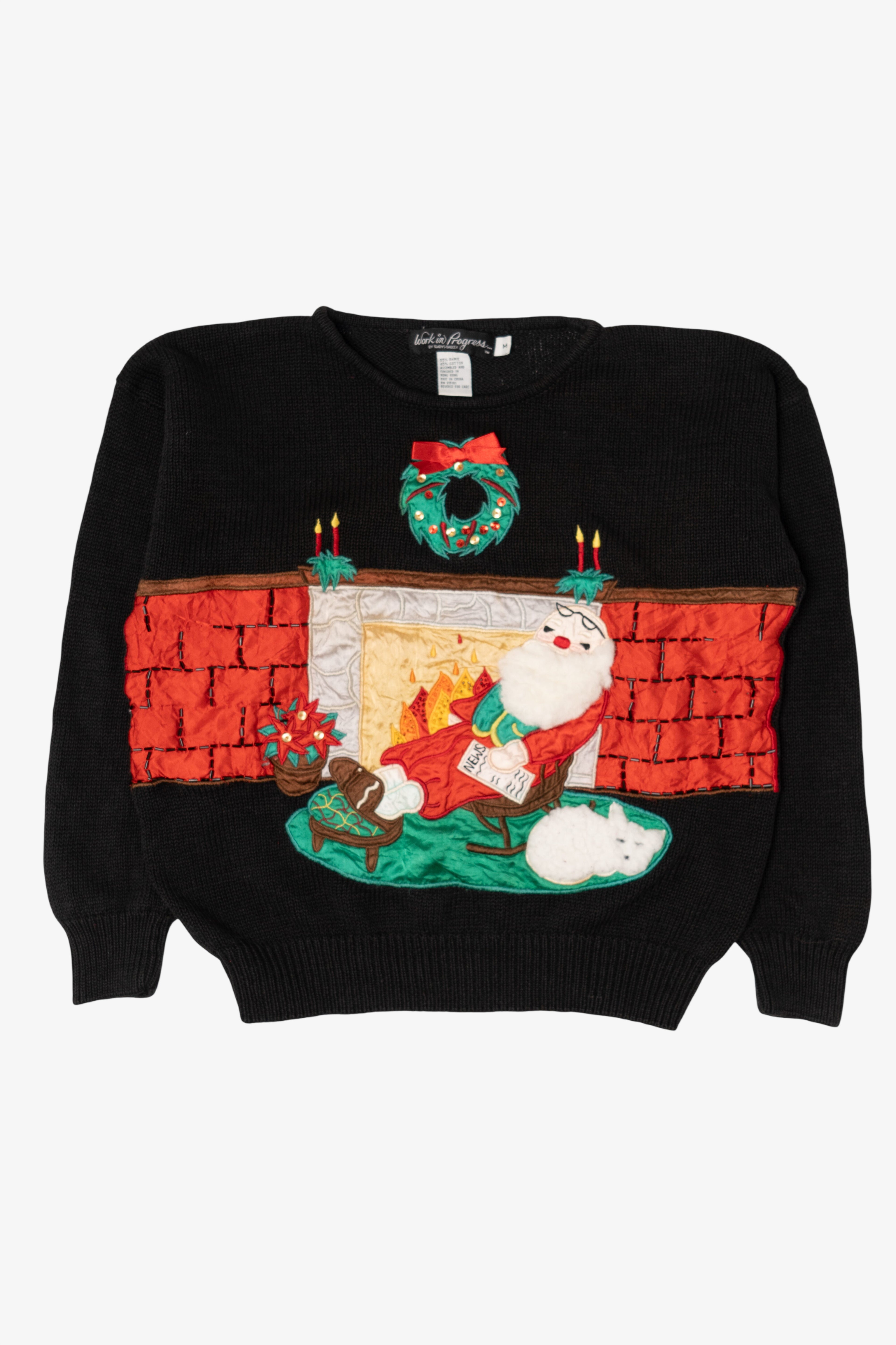 Vintage Black Work in Progress Santa Ugly Christmas Pullover (1990s)
