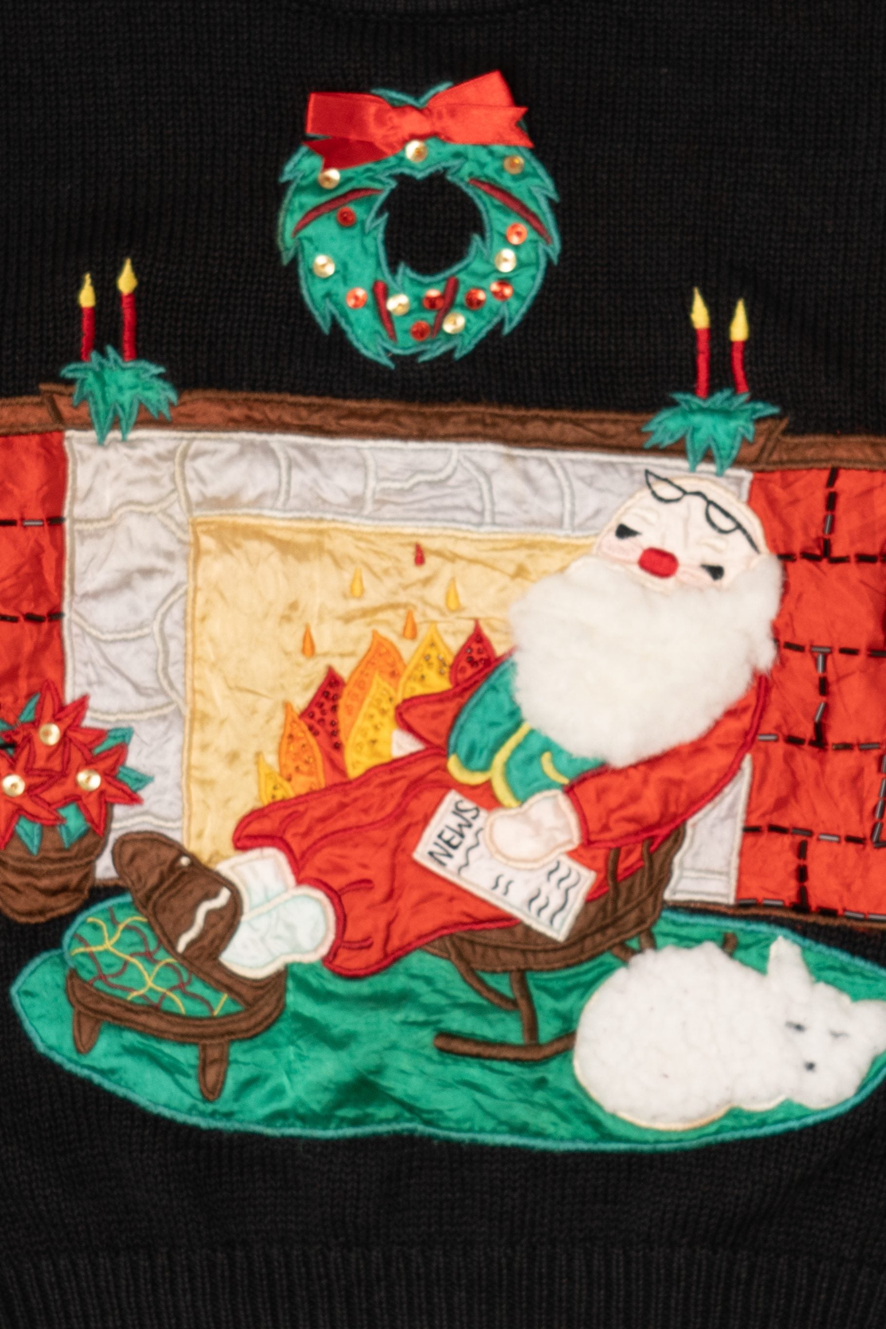Vintage Black Work in Progress Santa Ugly Christmas Pullover (1990s)