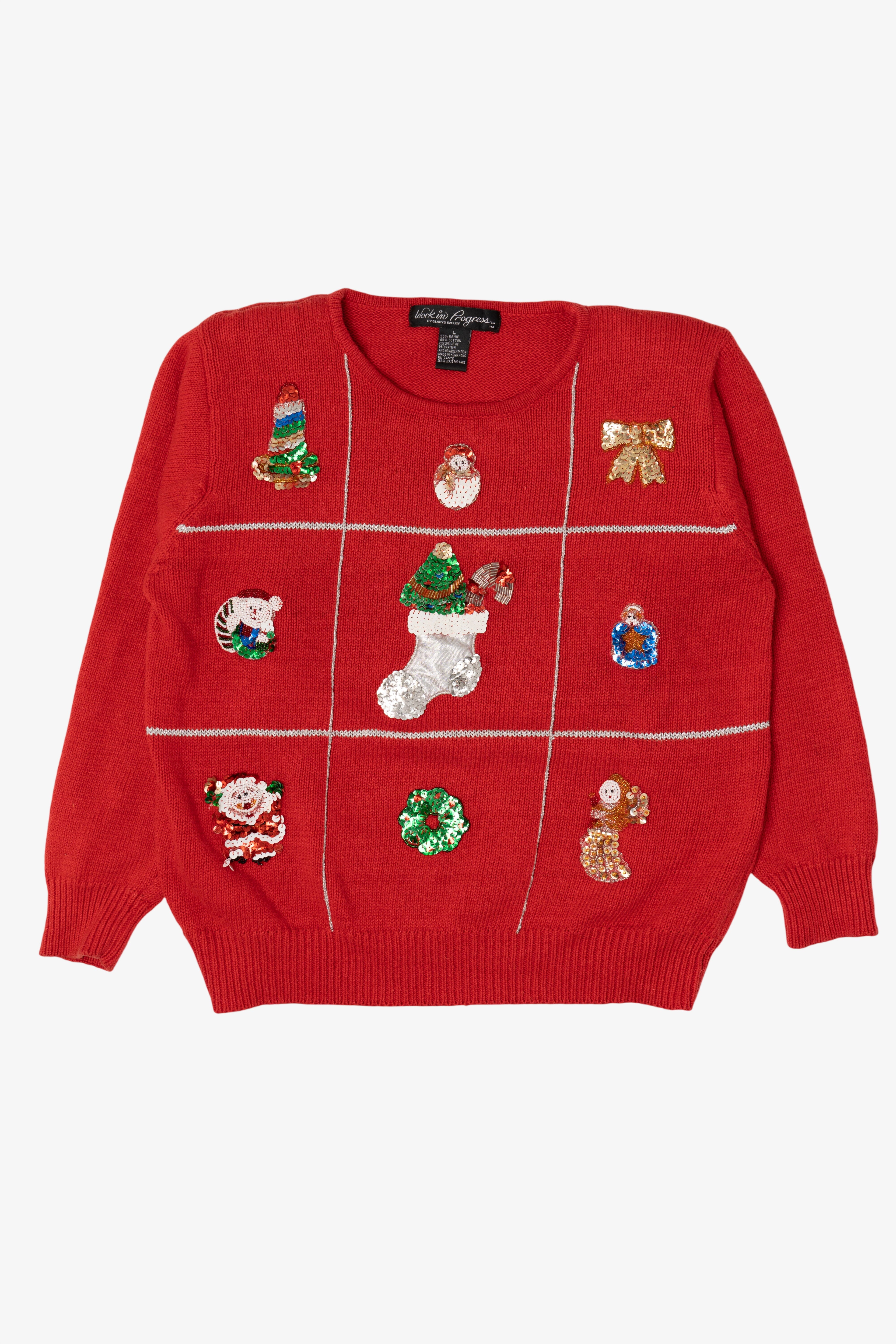 Vintage Red Work in Progress Ugly Christmas Pullover (1990s)