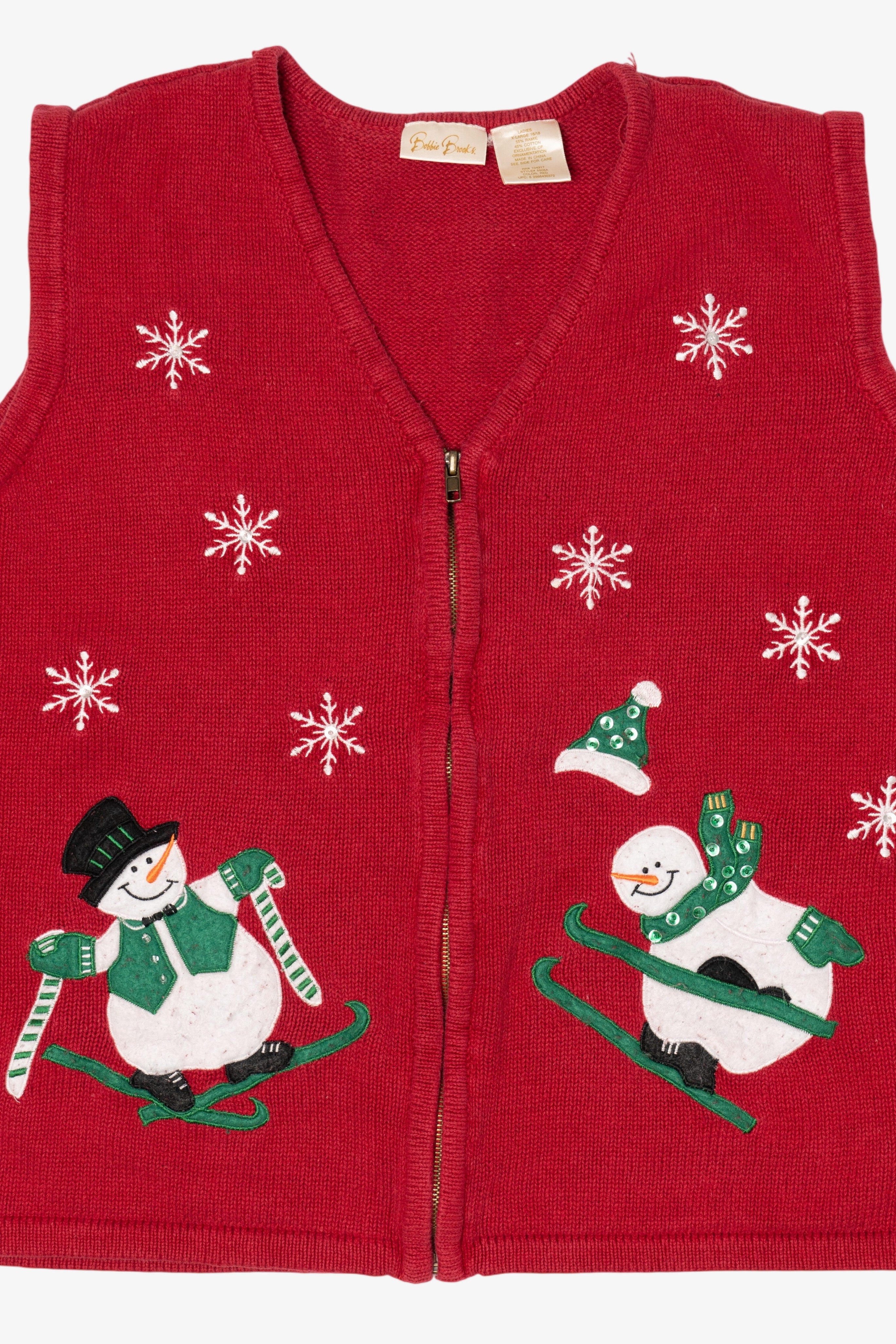 Vintage Red Bobbie Brooks Snowmen Skiing Ugly Christmas Vest (1990s)