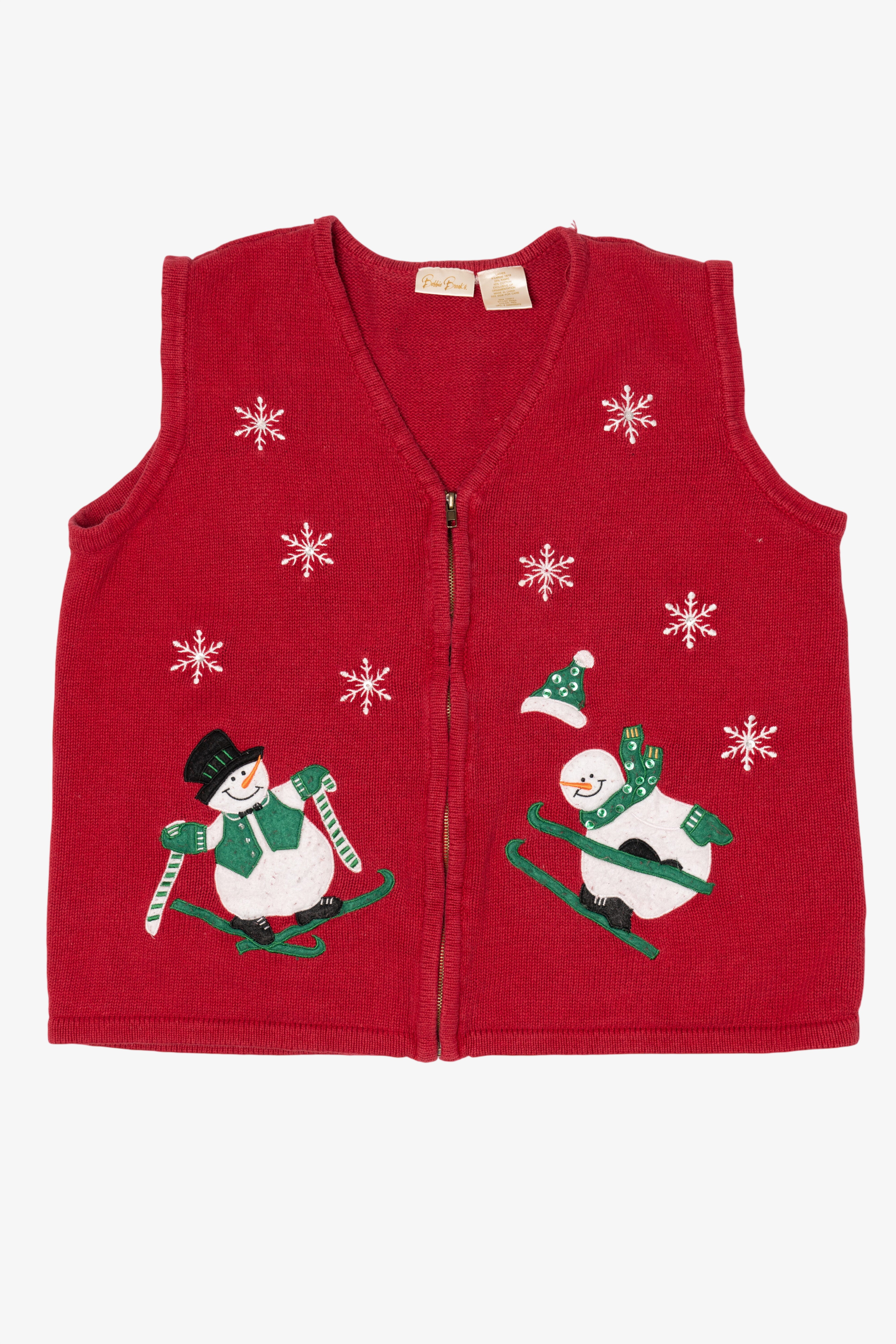 Vintage Red Bobbie Brooks Snowmen Skiing Ugly Christmas Vest (1990s)
