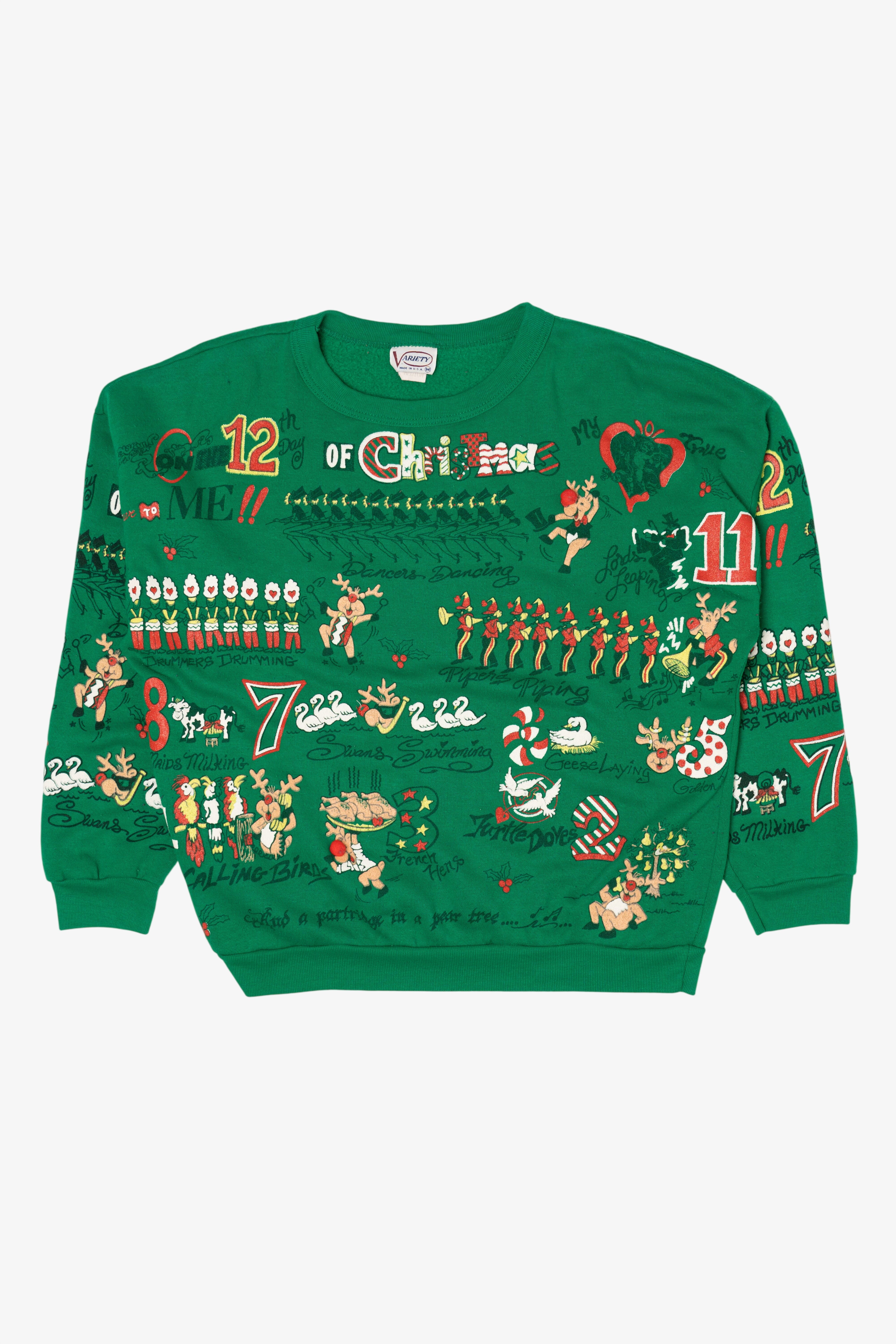 Vintage Green 12 Days Of Christmas Ugly Christmas Sweatshirt (1990s)