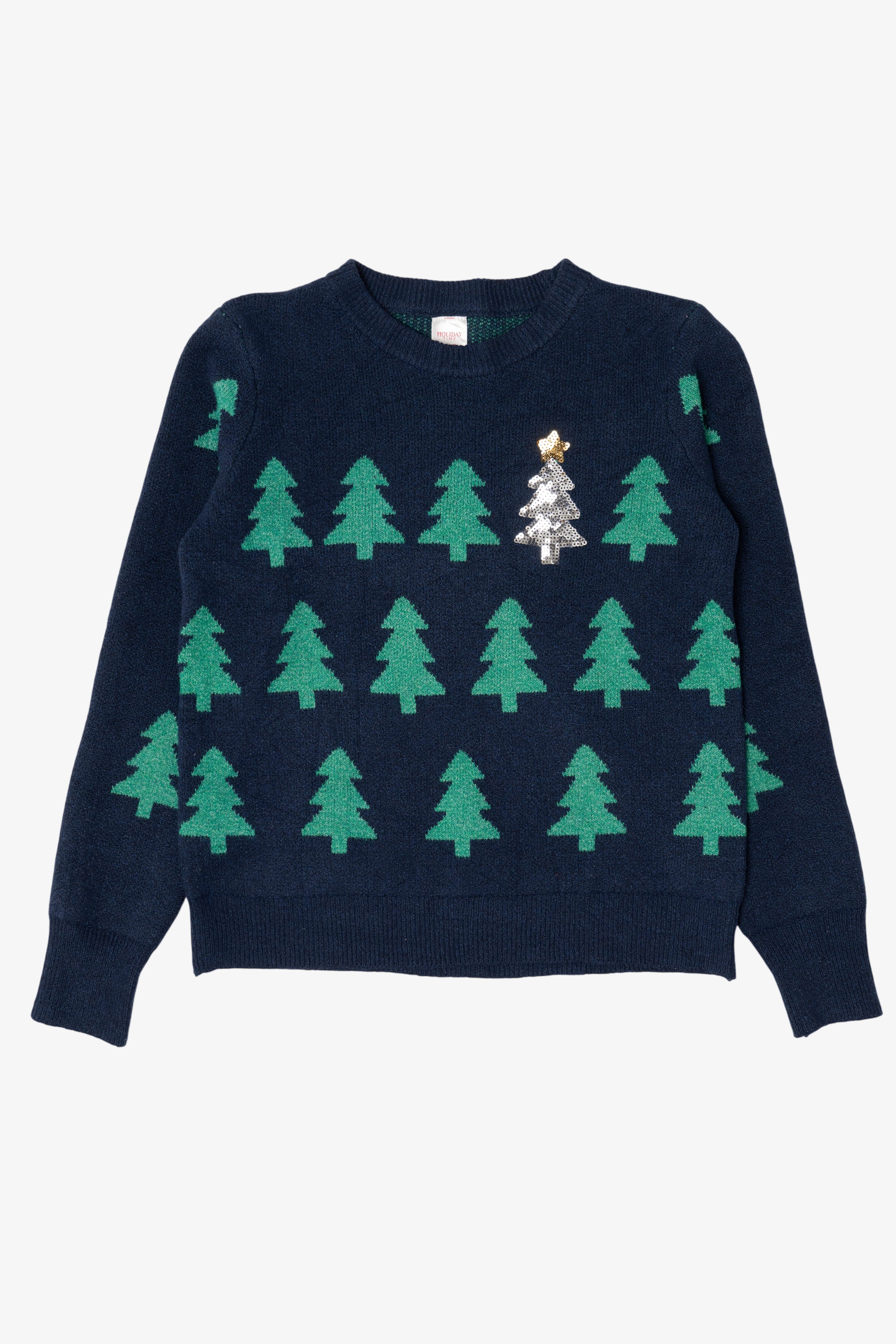 Navy Blue Holiday Time Trees Ugly Christmas Pullover (2010s)