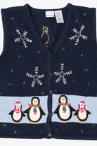 Vintage Navy Blue Bobbie Brooks Penguins Ugly Christmas Vest (1990s)