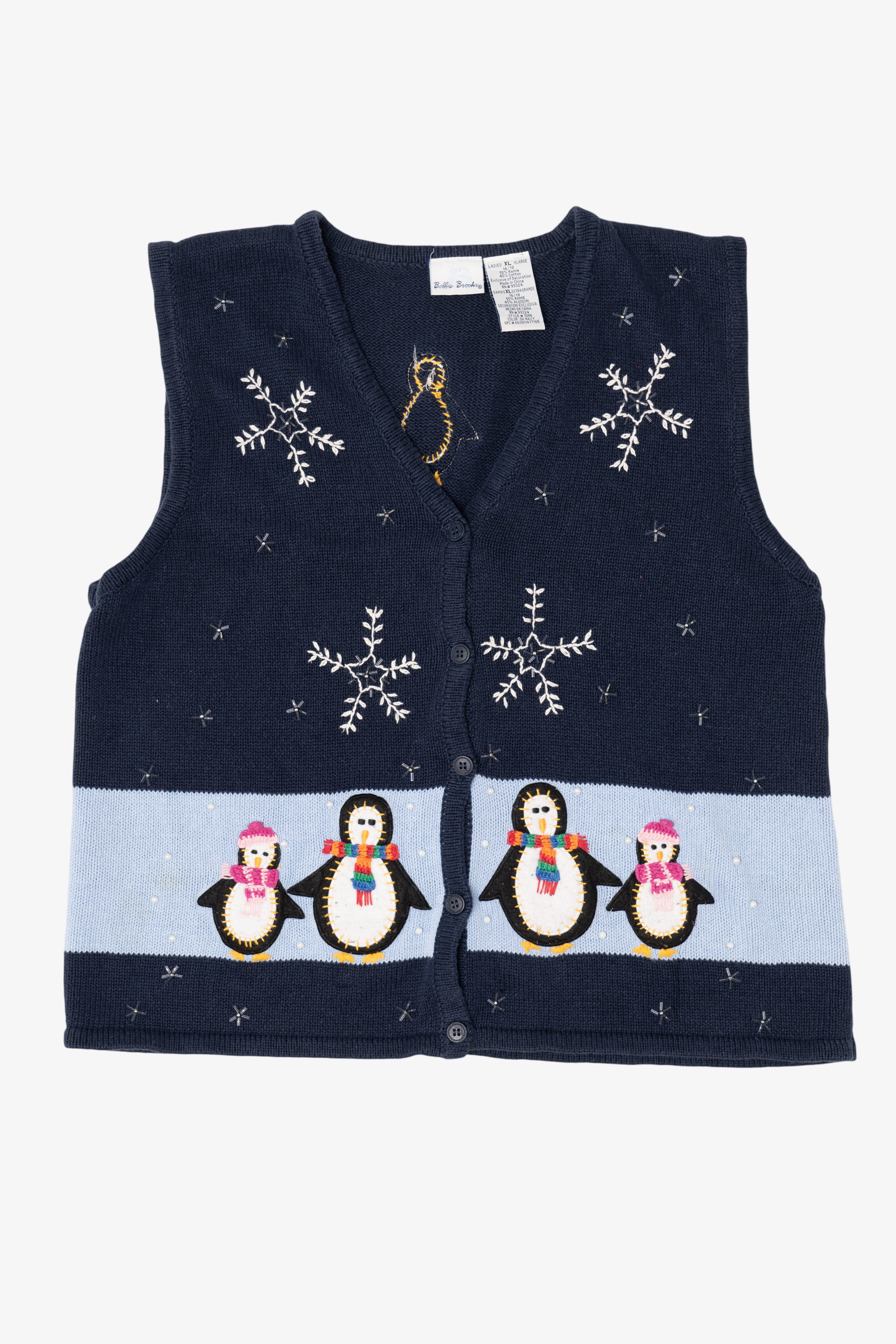 Vintage Navy Blue Bobbie Brooks Penguins Ugly Christmas Vest (1990s)
