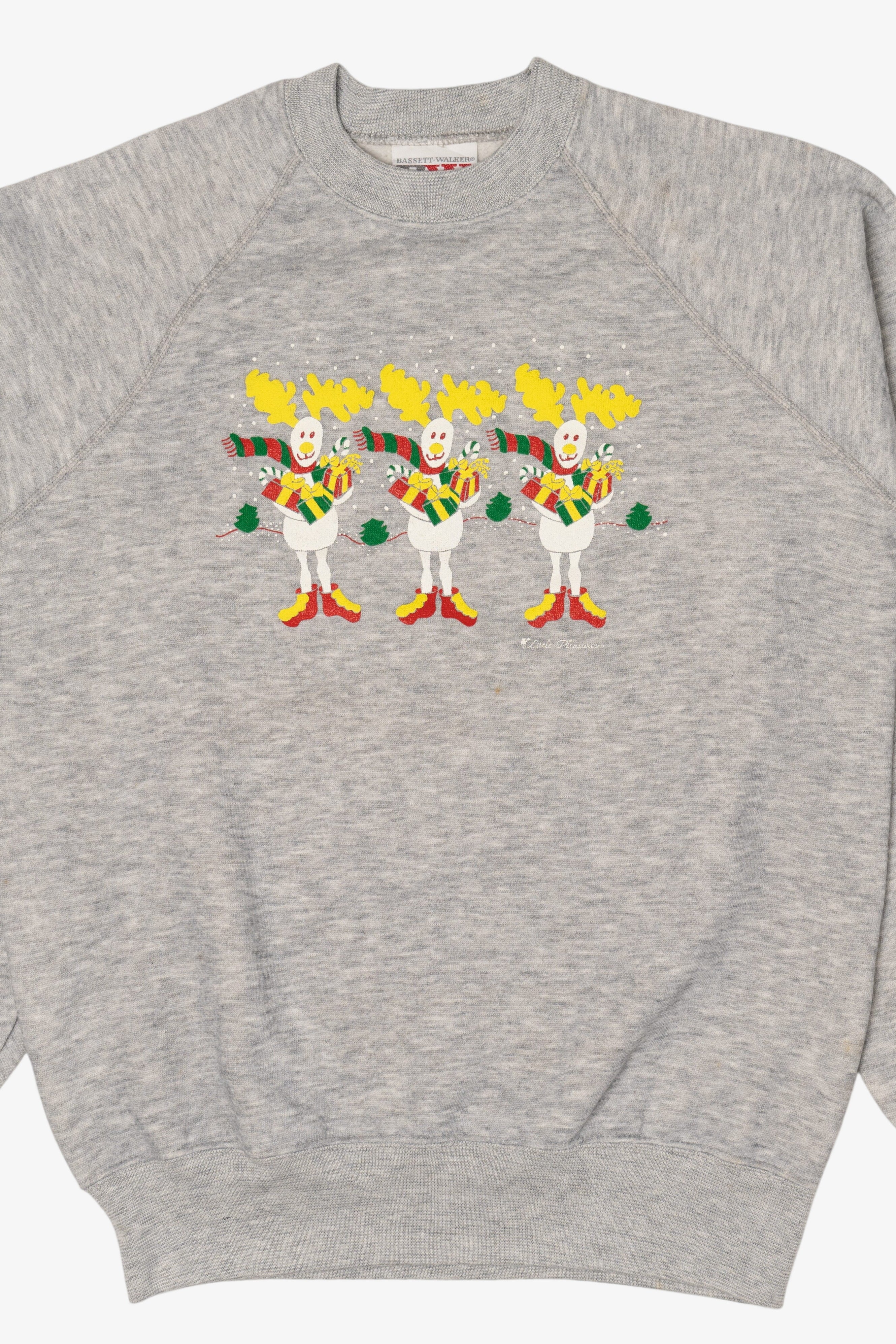 Vintage Gray Bassett-Walker Reindeer Ugly Christmas Raglan Sweatshirt (1990s)