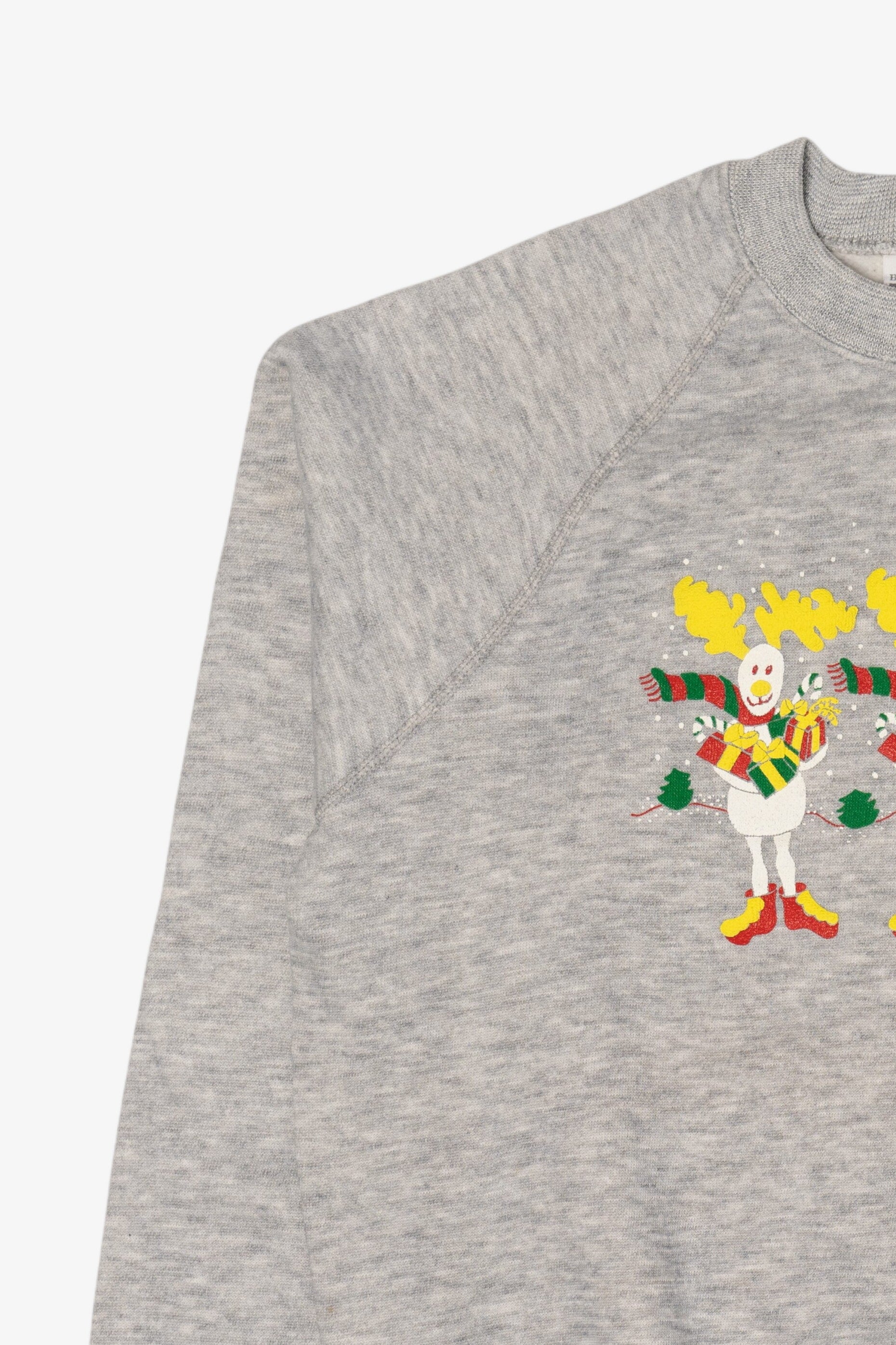 Vintage Gray Bassett-Walker Reindeer Ugly Christmas Raglan Sweatshirt (1990s)