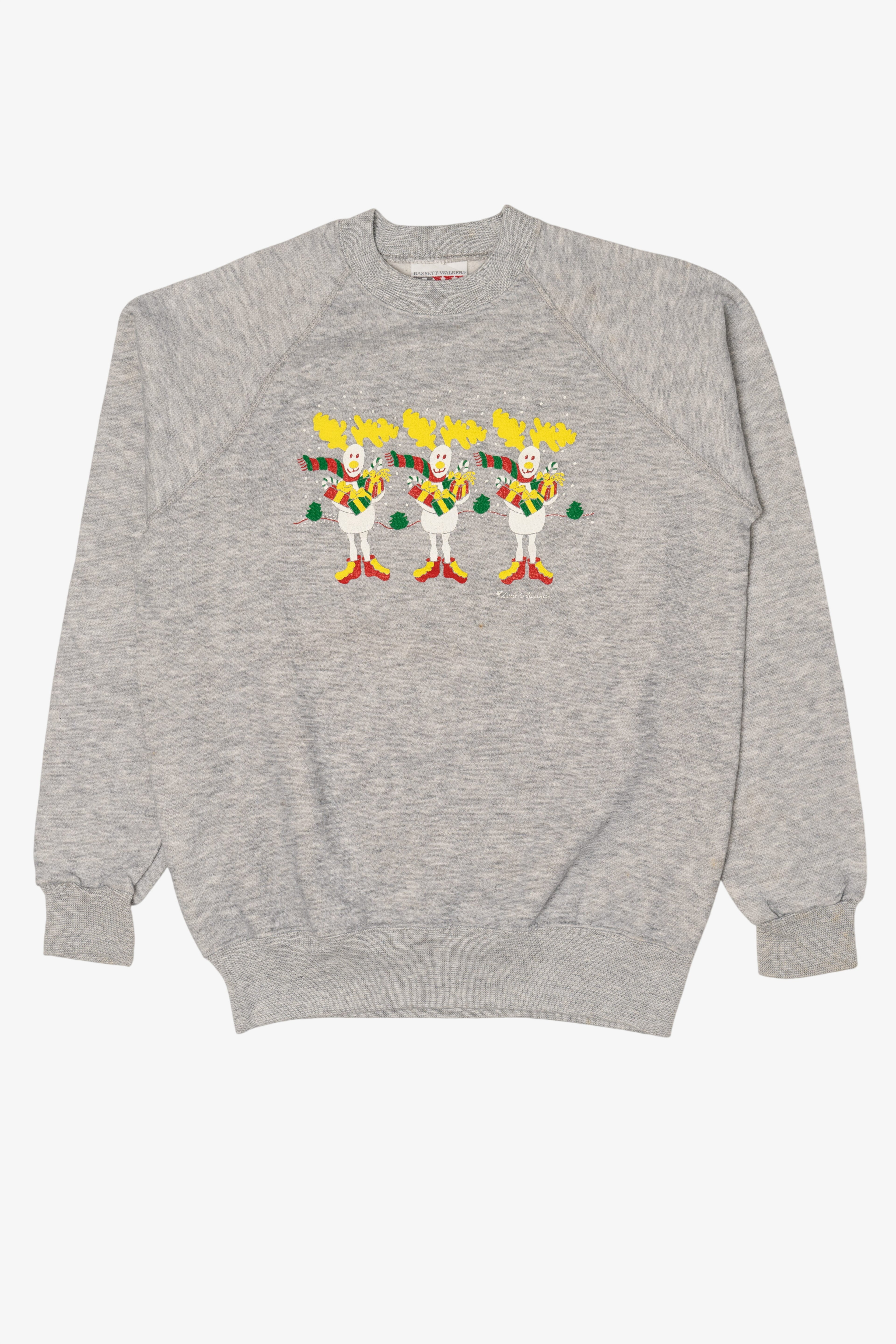 Vintage Gray Bassett-Walker Reindeer Ugly Christmas Raglan Sweatshirt (1990s)