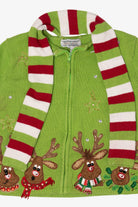 Vintage Green Tiara International Reindeer Scarf Ugly Christmas Cardigan (2000s)