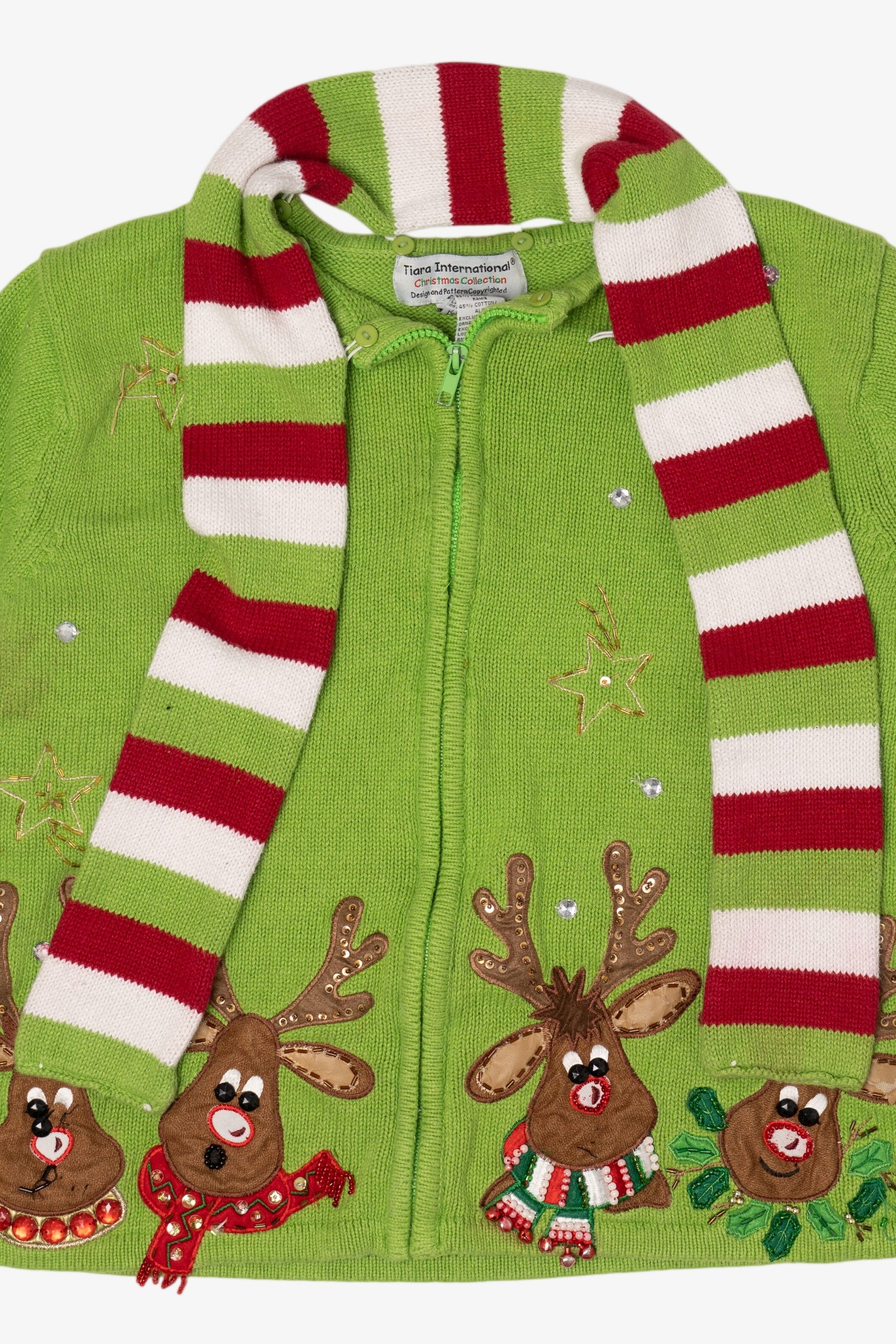 Vintage Green Tiara International Reindeer Scarf Ugly Christmas Cardigan (2000s)