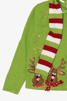 Vintage Green Tiara International Reindeer Scarf Ugly Christmas Cardigan (2000s)