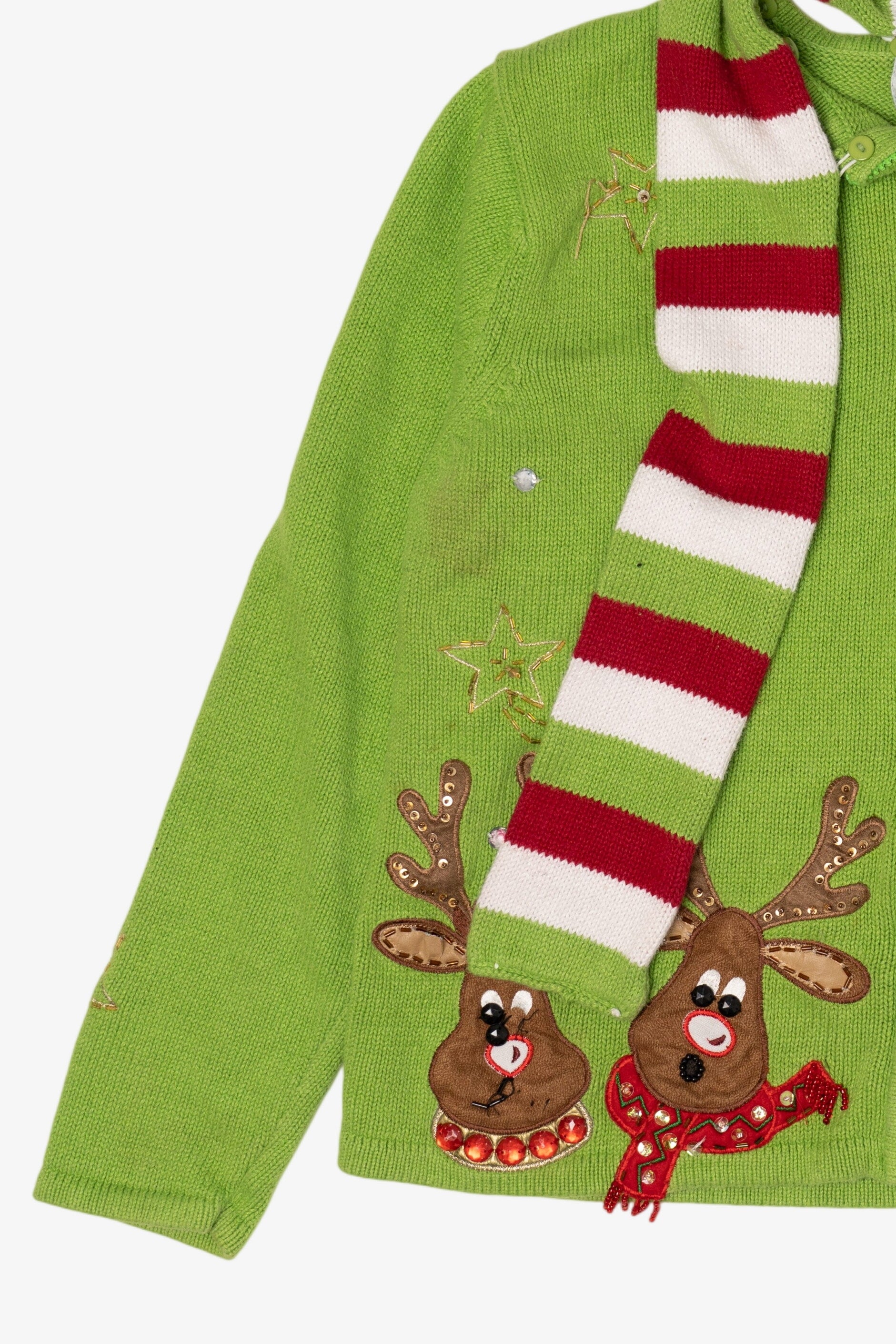 Vintage Green Tiara International Reindeer Scarf Ugly Christmas Cardigan (2000s)