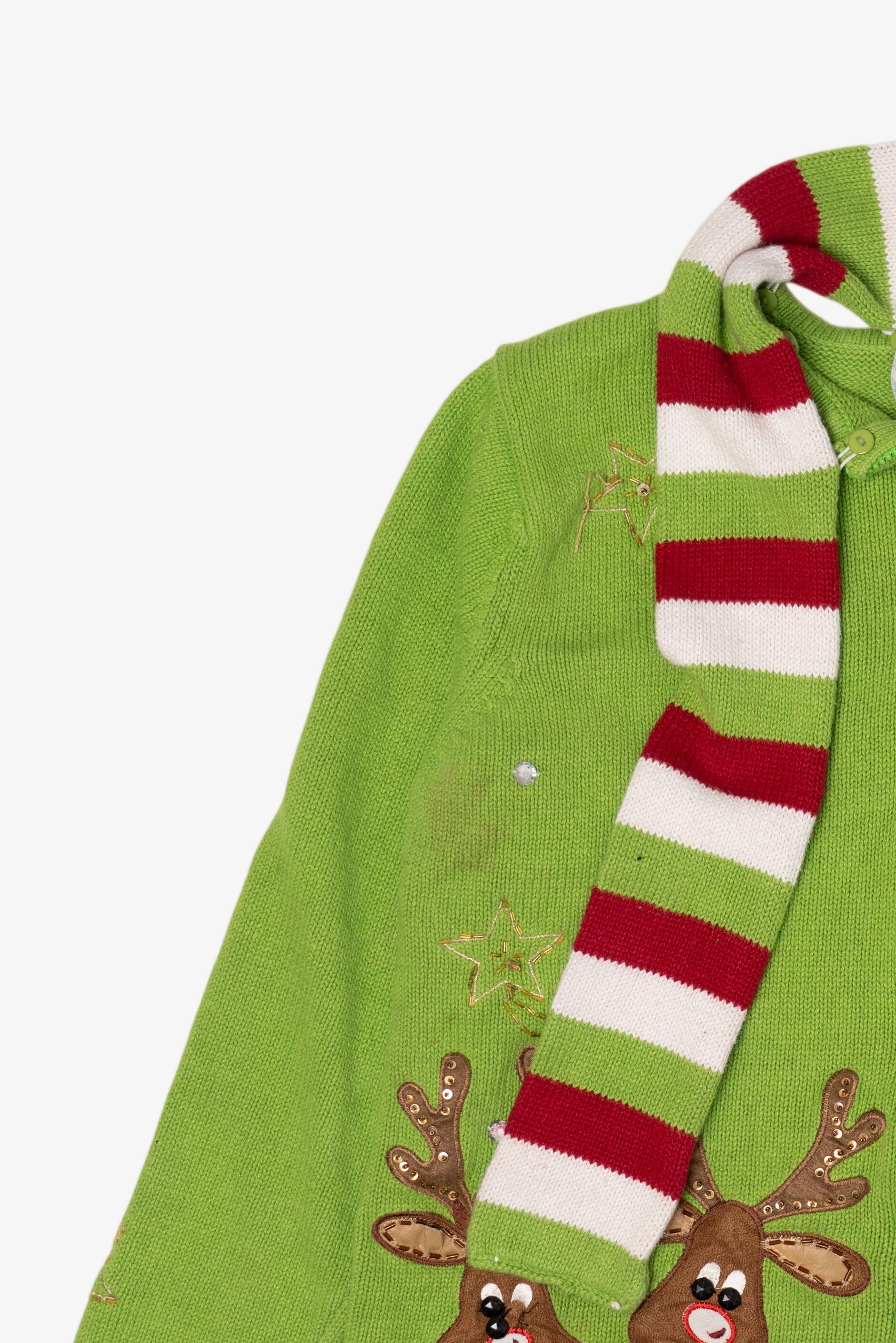 Vintage Green Tiara International Reindeer Scarf Ugly Christmas Cardigan (2000s)
