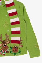 Vintage Green Tiara International Reindeer Scarf Ugly Christmas Cardigan (2000s)
