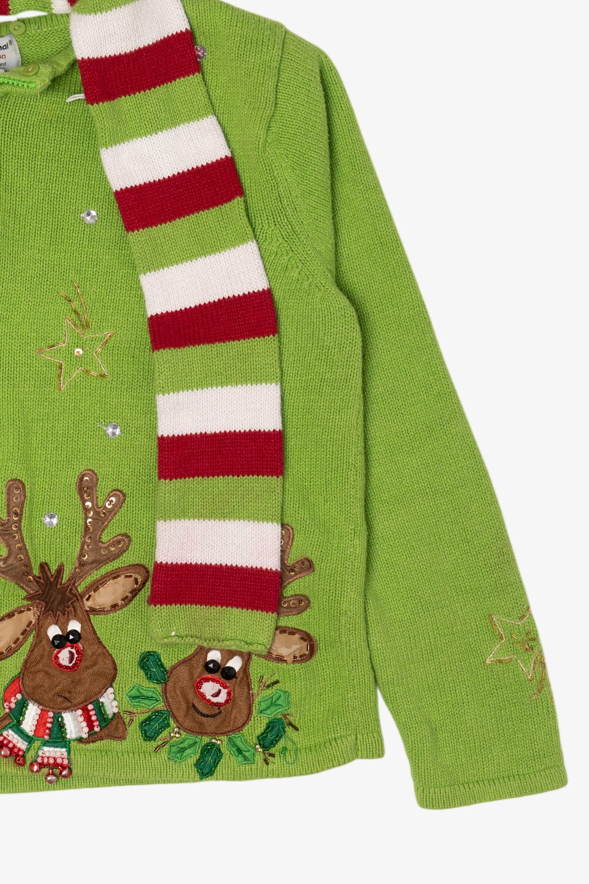 Vintage Green Tiara International Reindeer Scarf Ugly Christmas Cardigan (2000s)